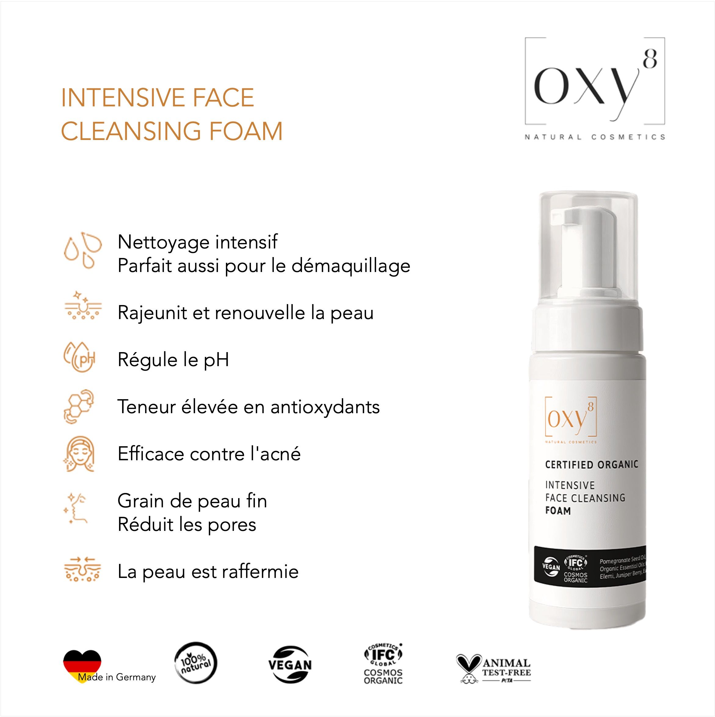 Produit avec texte et icônes. Logo en haut à droite. Texte sur la mousse nettoyante à gauche. Labels vegan et bio.