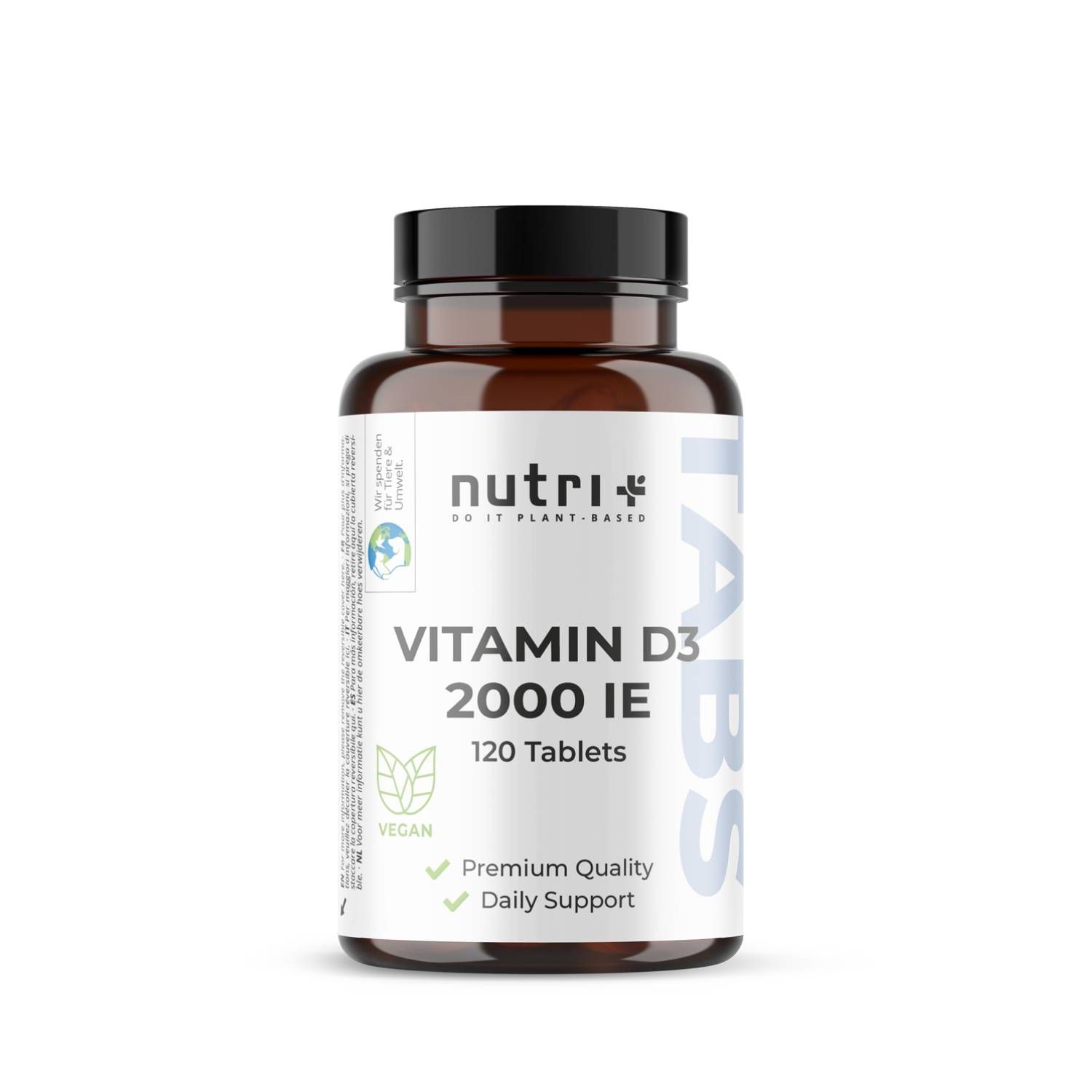Bruine fles, zwarte dop. Etiket met "nutri+", "Vitamin D3 2000 IE", 120 tabletten. Vegan-label.