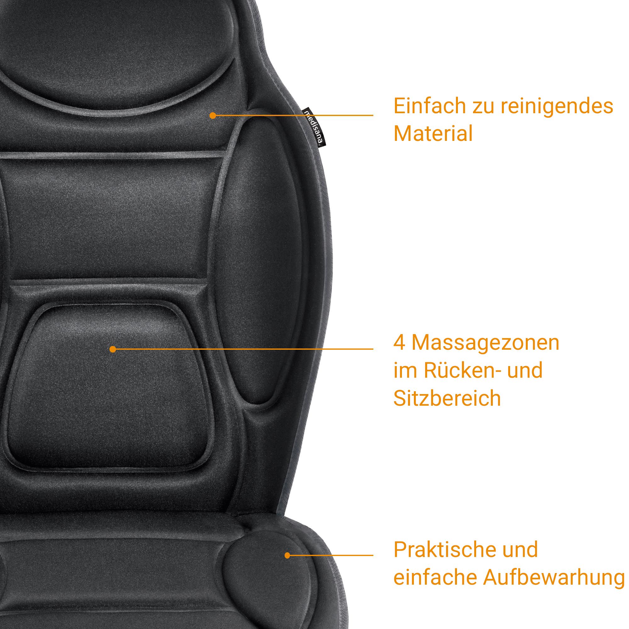 Vue détaillée du coussin de siège massant noir avec 4 zones de massage et matériau facile d'entretien.