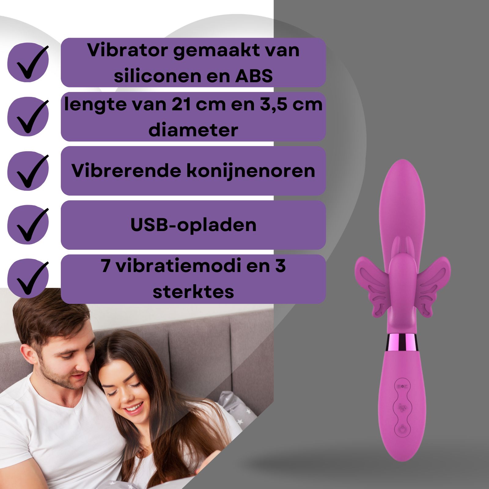 Roze vibrator met konijnenoren. Siliconen en ABS. 21cm lang, 3,5cm diameter. USB oplaadbaar. 7 standen, 3 sterktes.
