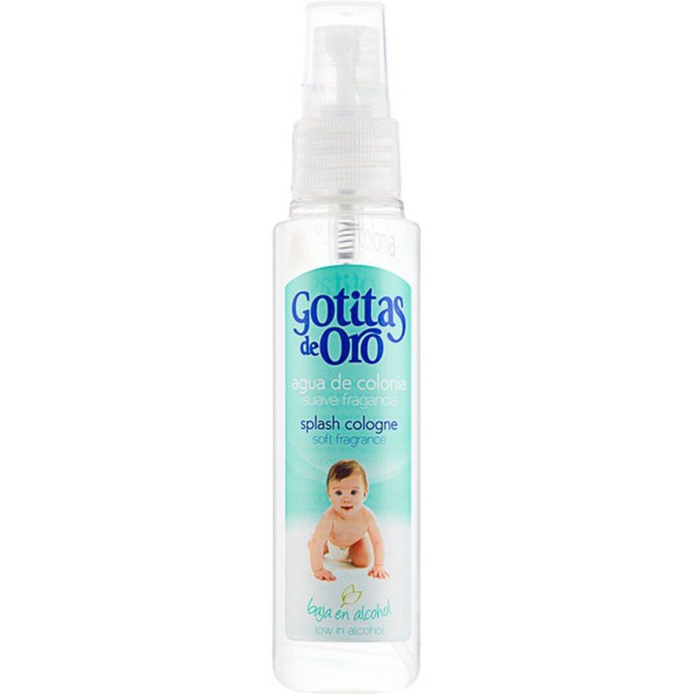 Flacon transparent avec vaporisateur. Inscription: Gotitas de Oro, Agua de colonia, splash cologne. Illustration de bébé.
