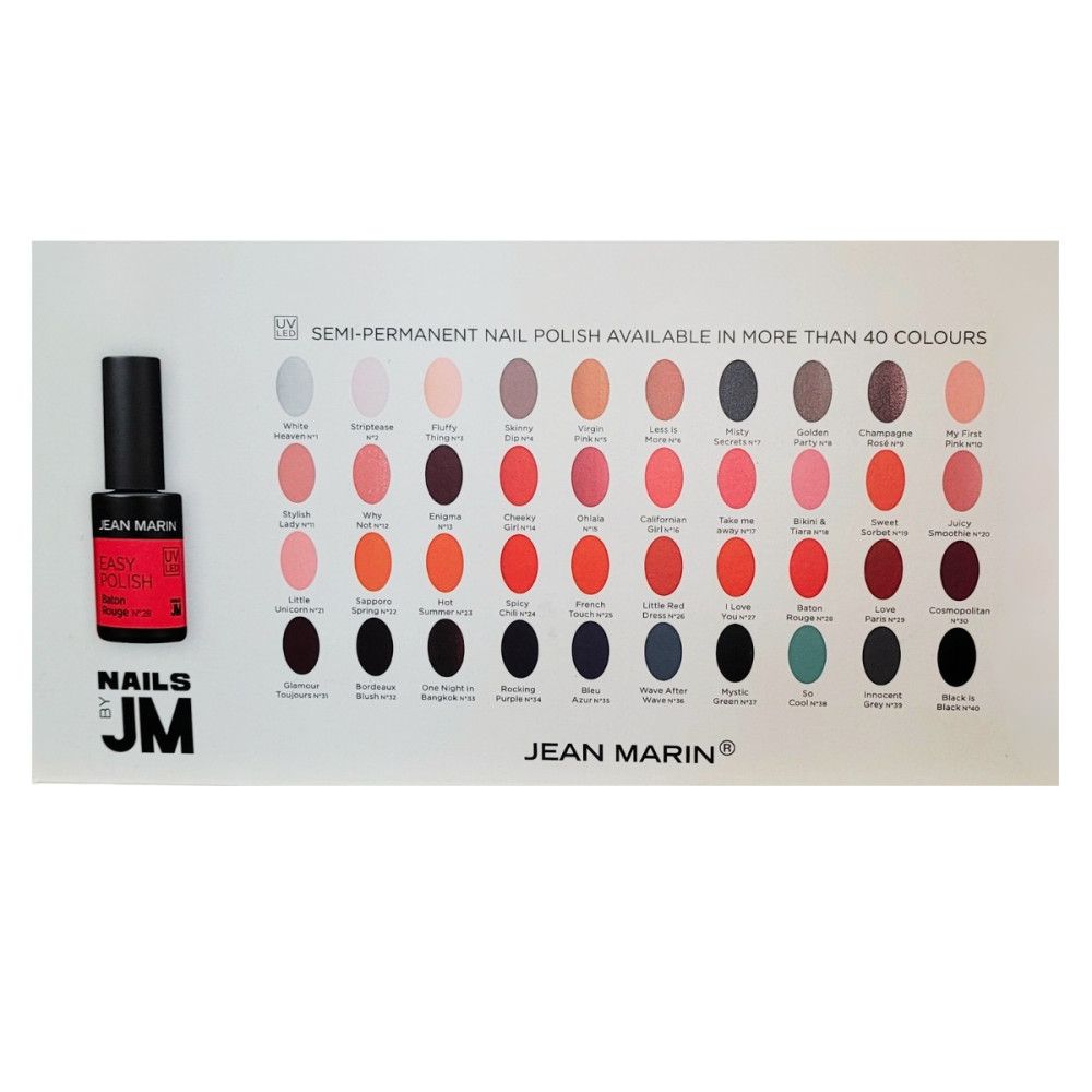 Jean Marin nagellak kleurenkaart met meer dan 40 kleuren. Een flesje nagellak links.