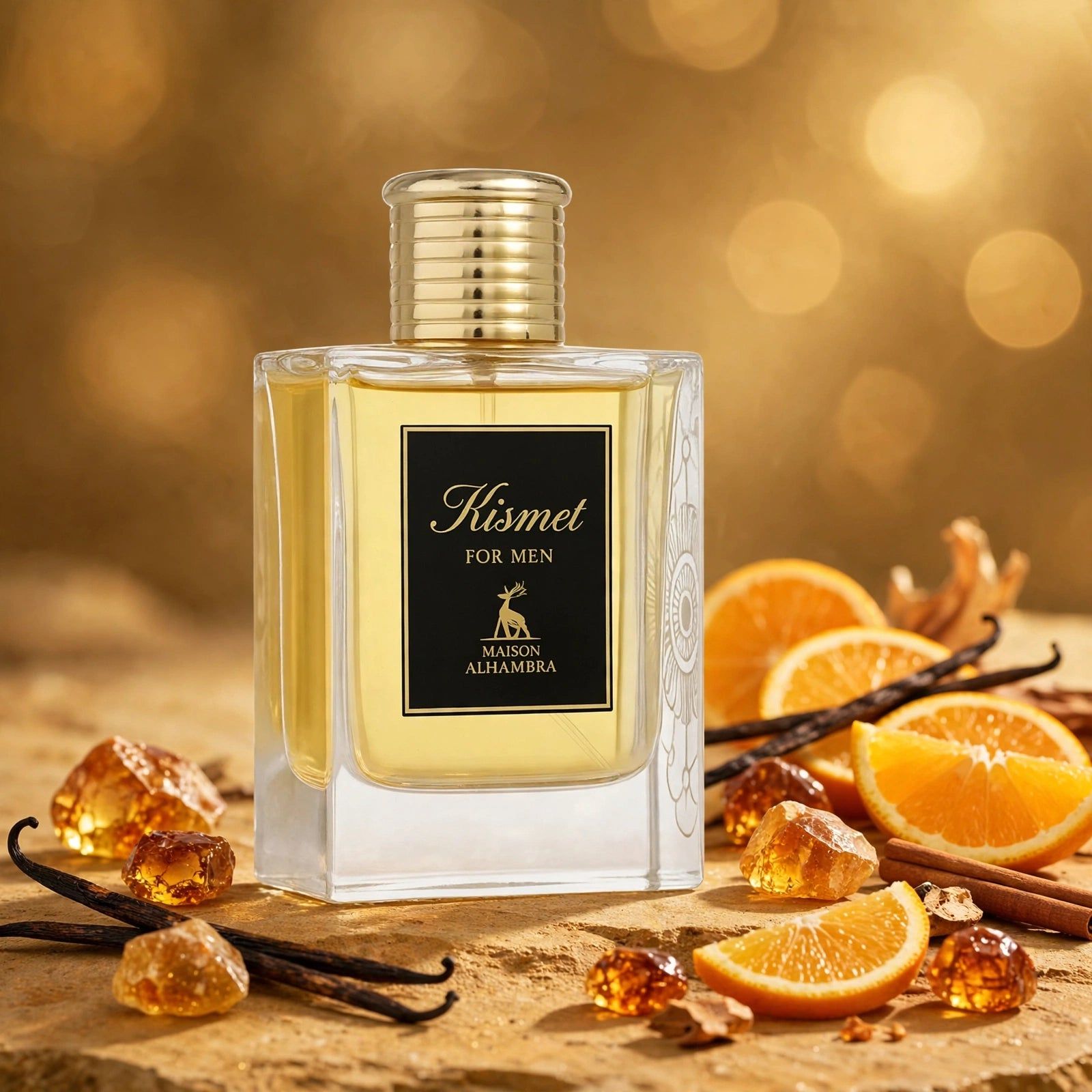 Kismet for Men Eau de Parfum fles omringd door sinaasappels, vanille en amberstukken.