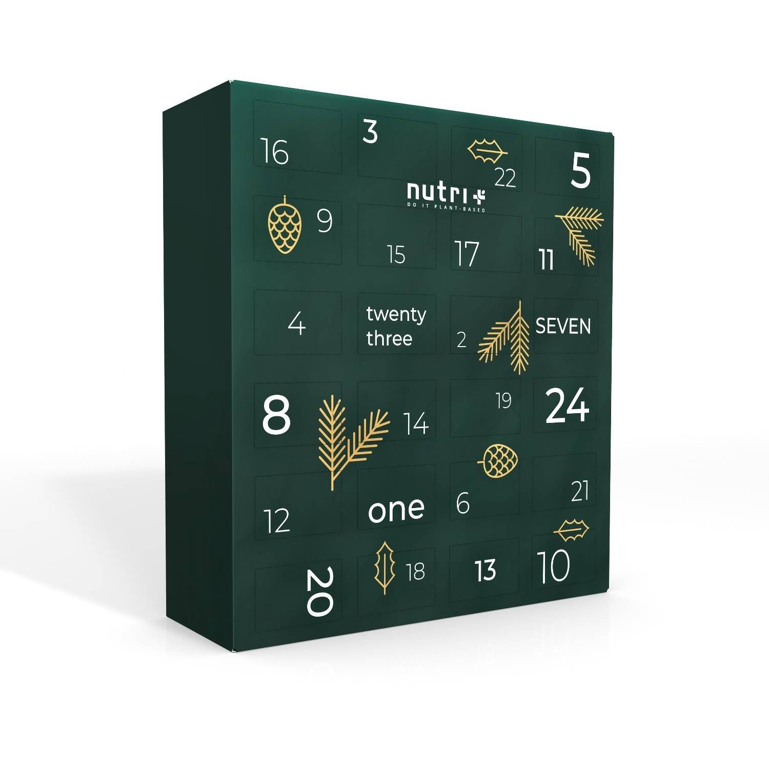 Calendrier de l'Avent vert foncé avec des chiffres et des décorations dorées. Le logo Nutri+ est visible.