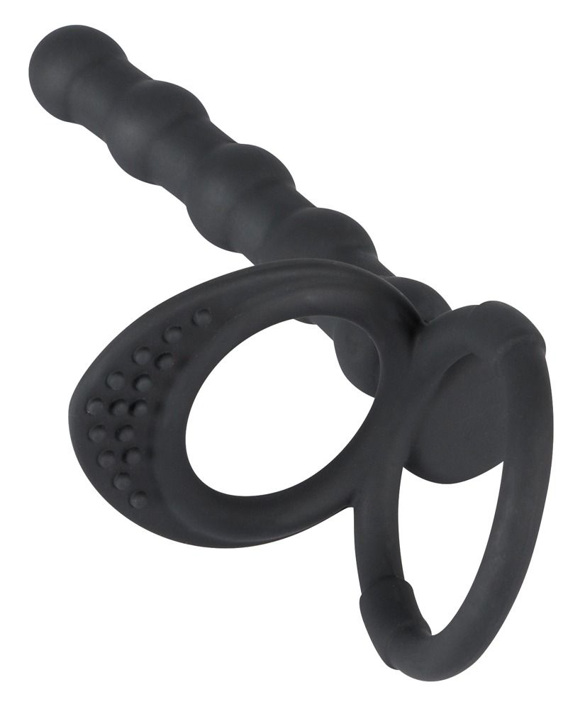 Zwarte penis- en ballenring met anale dildo. Ring met nopjes, dildo met ribbels. Gemaakt van siliconen.