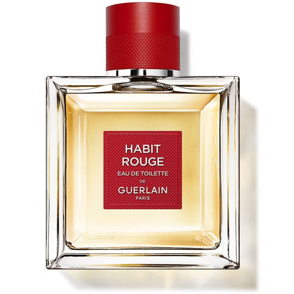 Flacon Guerlain Habit Rouge Eau de Toilette. Carré, étiquette et bouchon rouges. Flacon clair avec liquide jaunâtre.