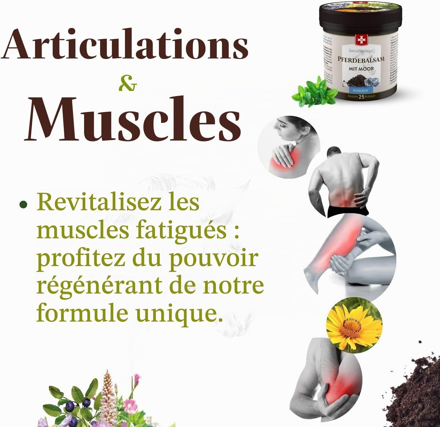 Un pot marqué "Pferdebalsam mit Moor" avec des branches de plantes à côté.