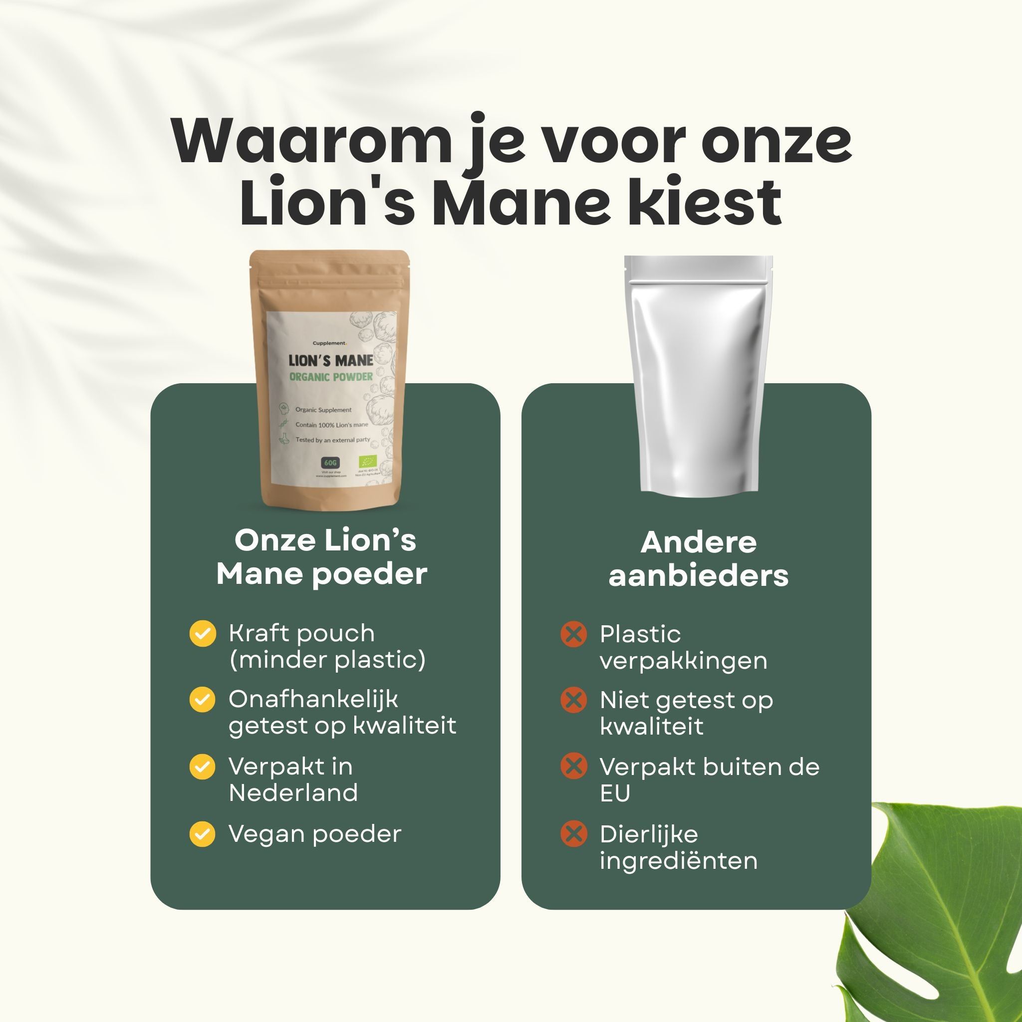 Vergelijking: Onze leeuwenmanenpoeder vs. andere aanbieders. Kraftzakje, veganistisch, getest. Andere: plastic verpakking, dierlijke ingrediënten.