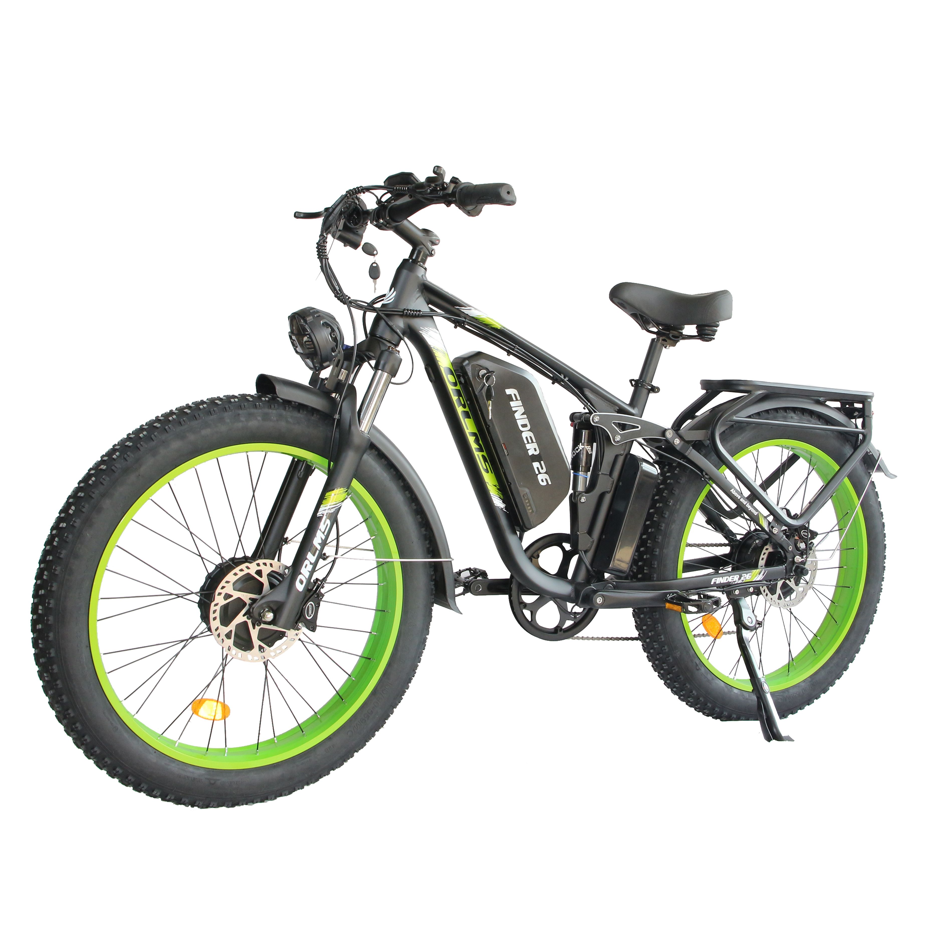 VTT électrique ORLMS Finder 26. Noir, jantes vertes. Batterie sur cadre. Porte-bagages. Phare.