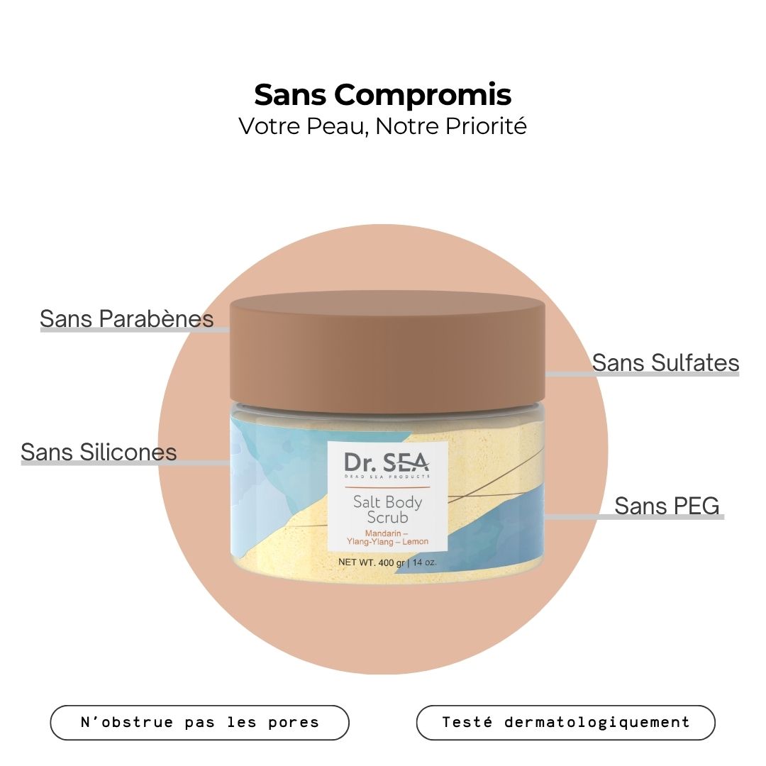 Pot de gommage corporel avec informations. Texte : Sans parabènes, silicones, sulfates, PEG. Testé dermatologiquement.