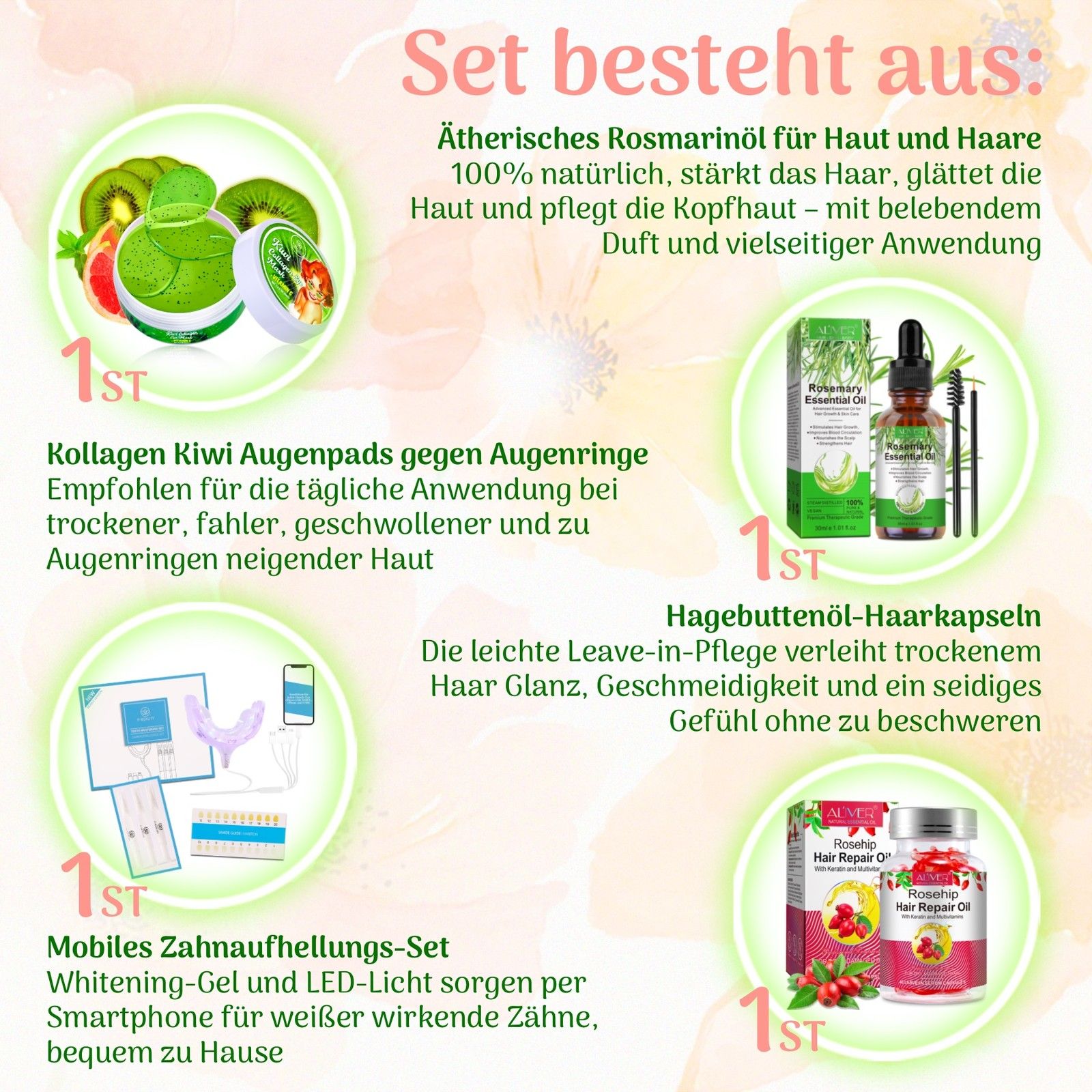 Overzicht van de producten in de P-Beauty verzorgingscadeaubox.