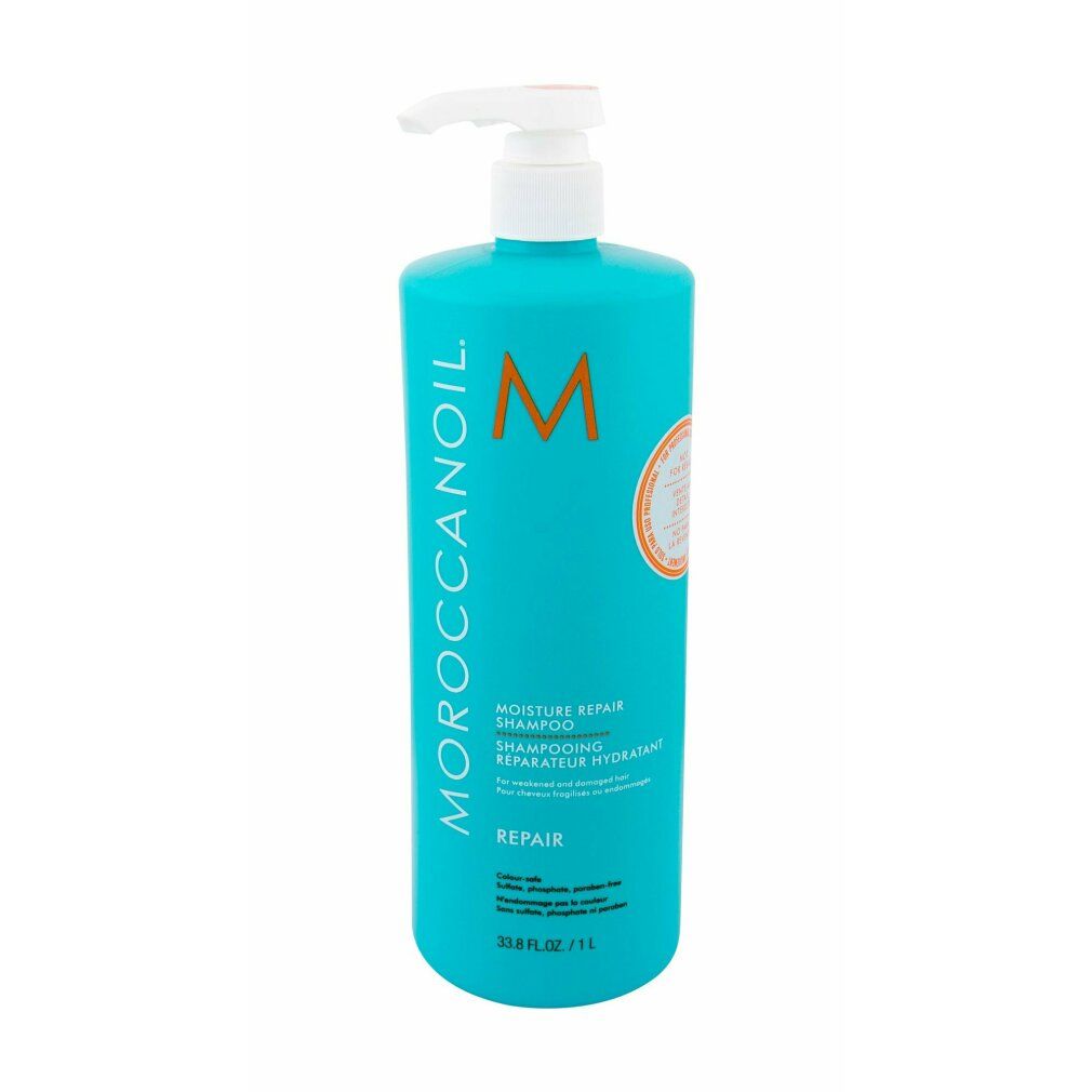Turquoise shampoo fles met witte pomp. Opschrift: Moroccanoil, Moisture Repair Shampoo, Repair. Oranje logo en etiket.