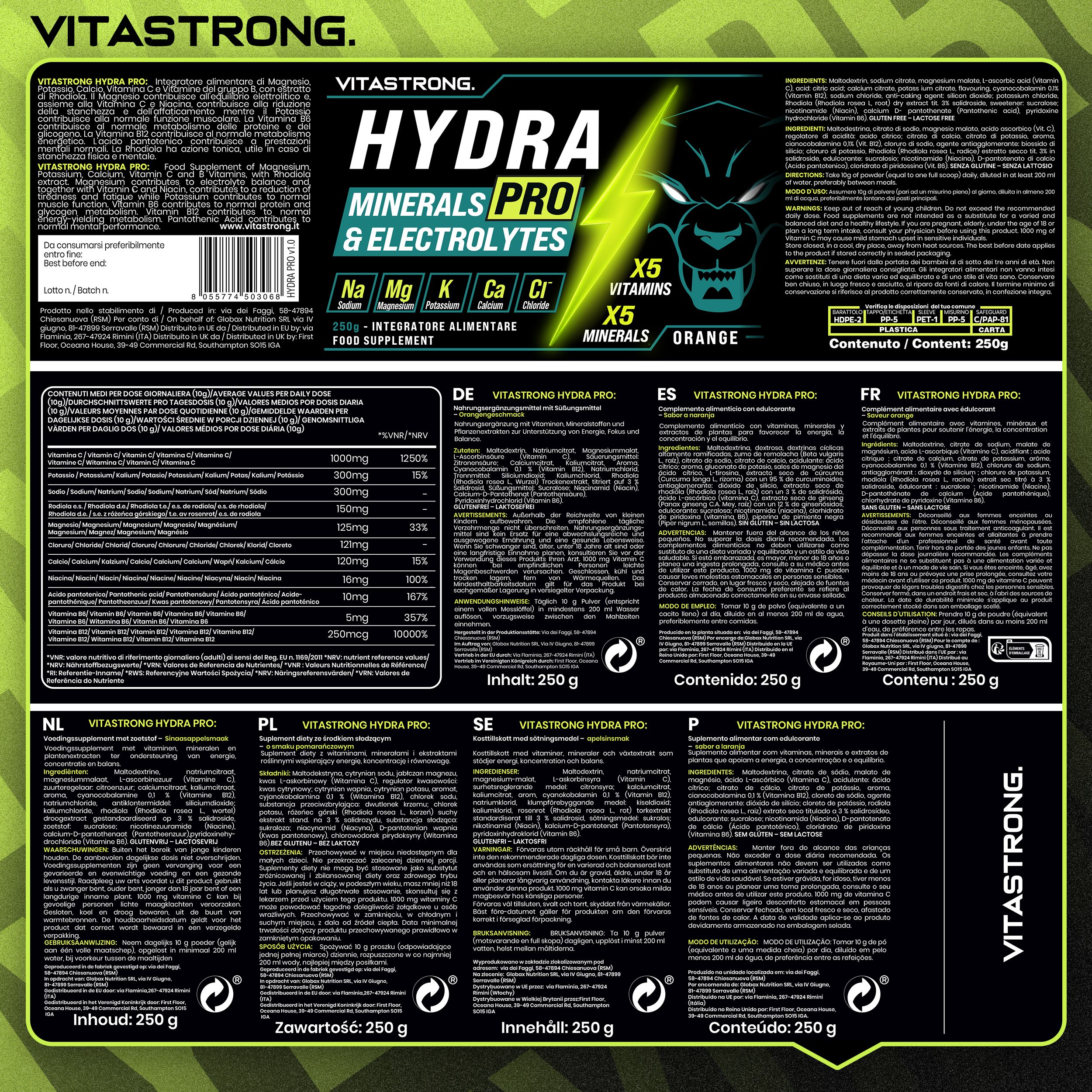 Pot "HYDRA PRO" met ingrediënten. Tekst: mineralen en elektrolyten. Vitastrong.