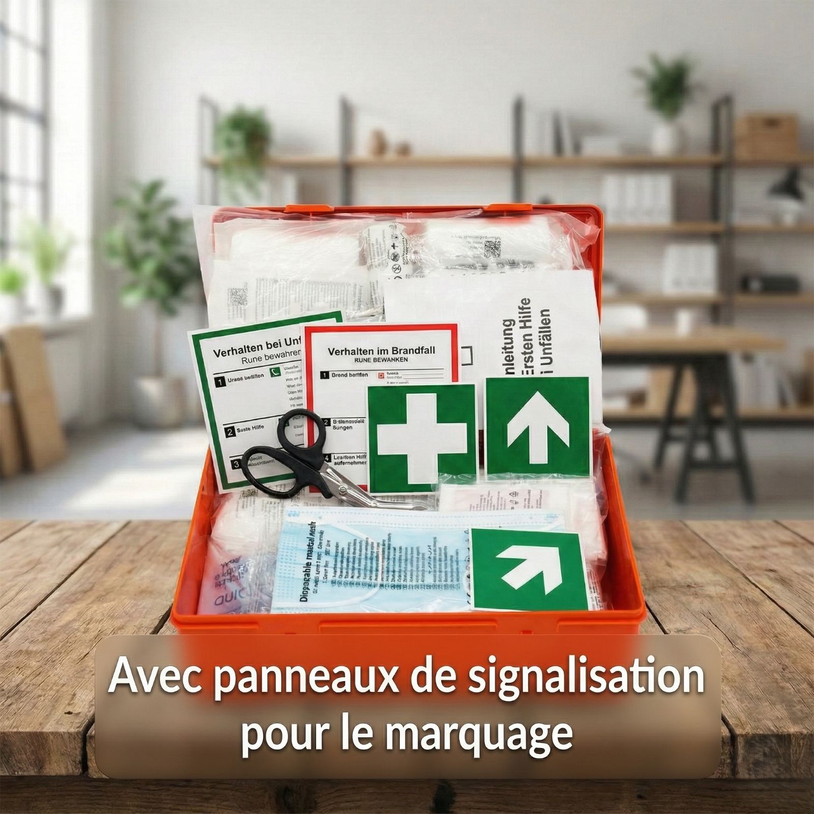 Trousse de premiers secours rouge, ouverte, avec contenu. Sur une table. Panneaux de signalisation pour le marquage.
