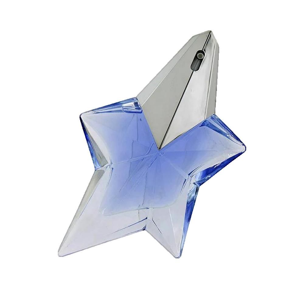 Blauwe parfum in stervormige fles met zilverkleurige dop. Heldere, facetgeslepen glasvorm.