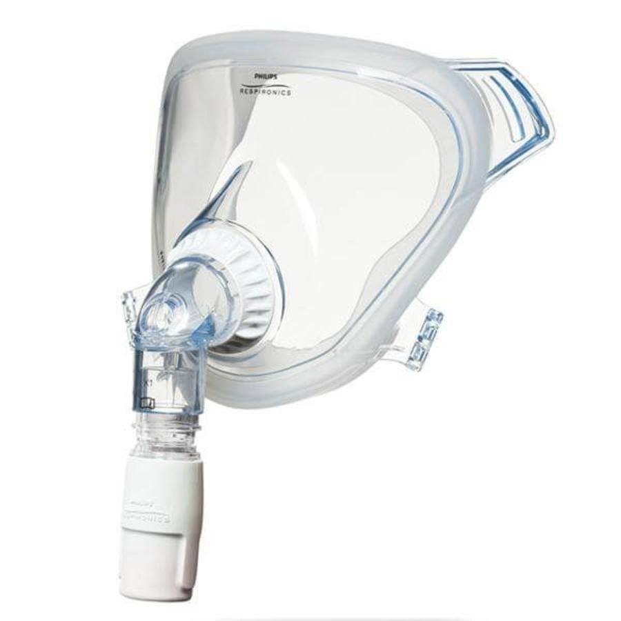 Masque facial complet Philips CPAP, façade transparente, connecteur blanc, sur fond blanc.