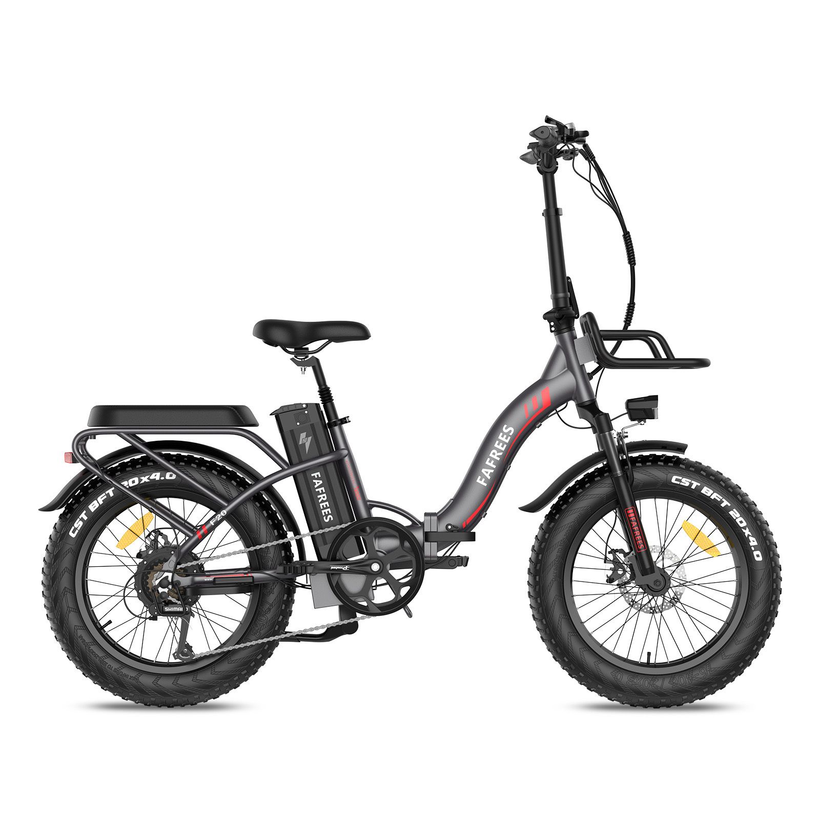 Opvouwbare elektrische fiets Fafrees F20 Max, grijs met rode accenten. Zwarte banden, bagagerek en mand. Merk zichtbaar.