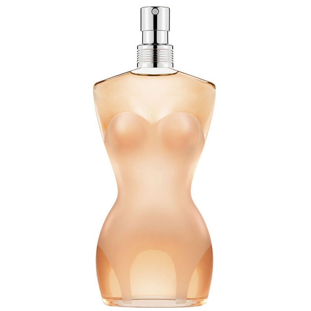 Flacon de parfum en forme de corps féminin. Le flacon est transparent et possède un vaporisateur argenté.