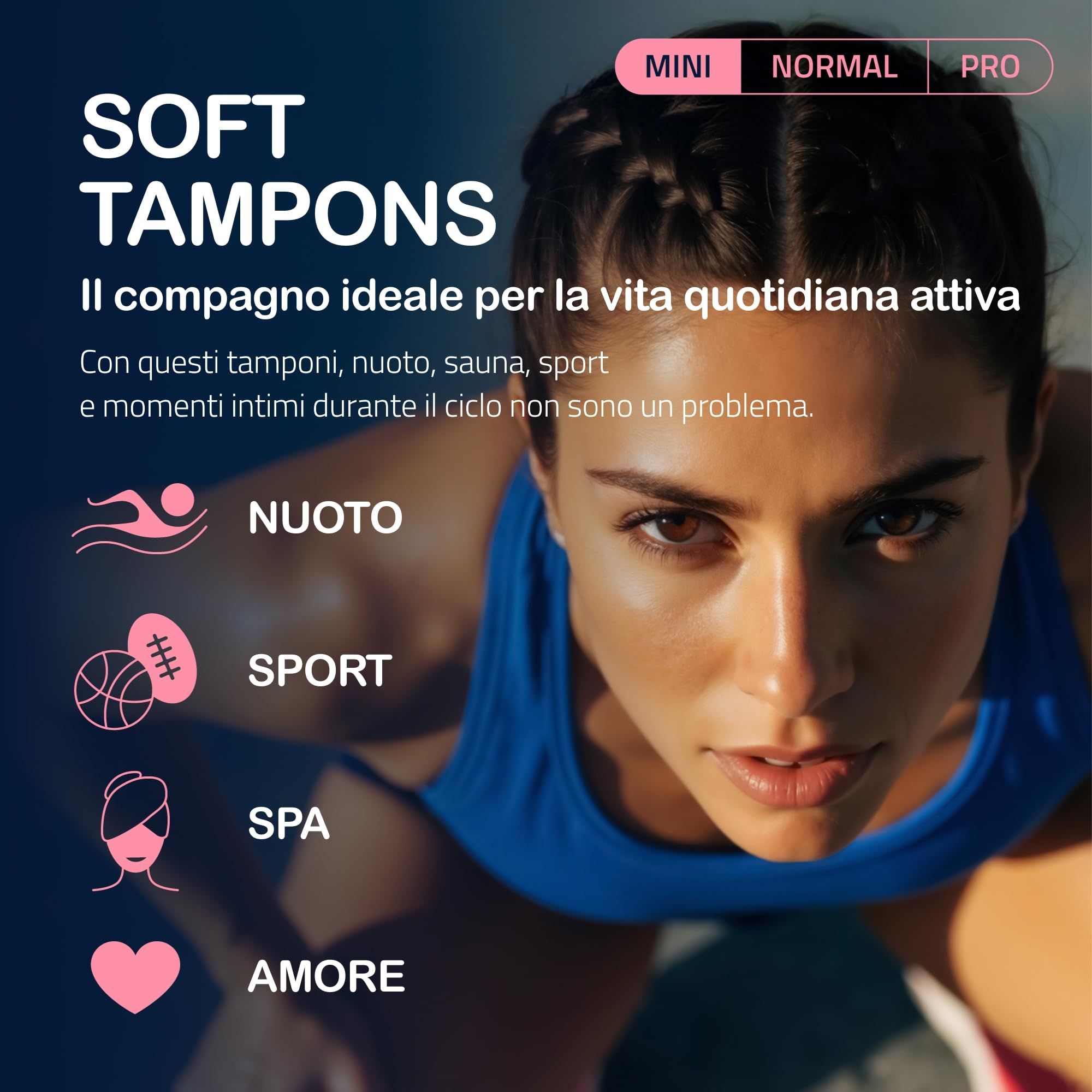 Vrouw aan het sporten, MY.SIZE Woman Soft Tampons Mini. Iconen voor zwemmen, sport, spa, liefde. Product op de voorgrond.