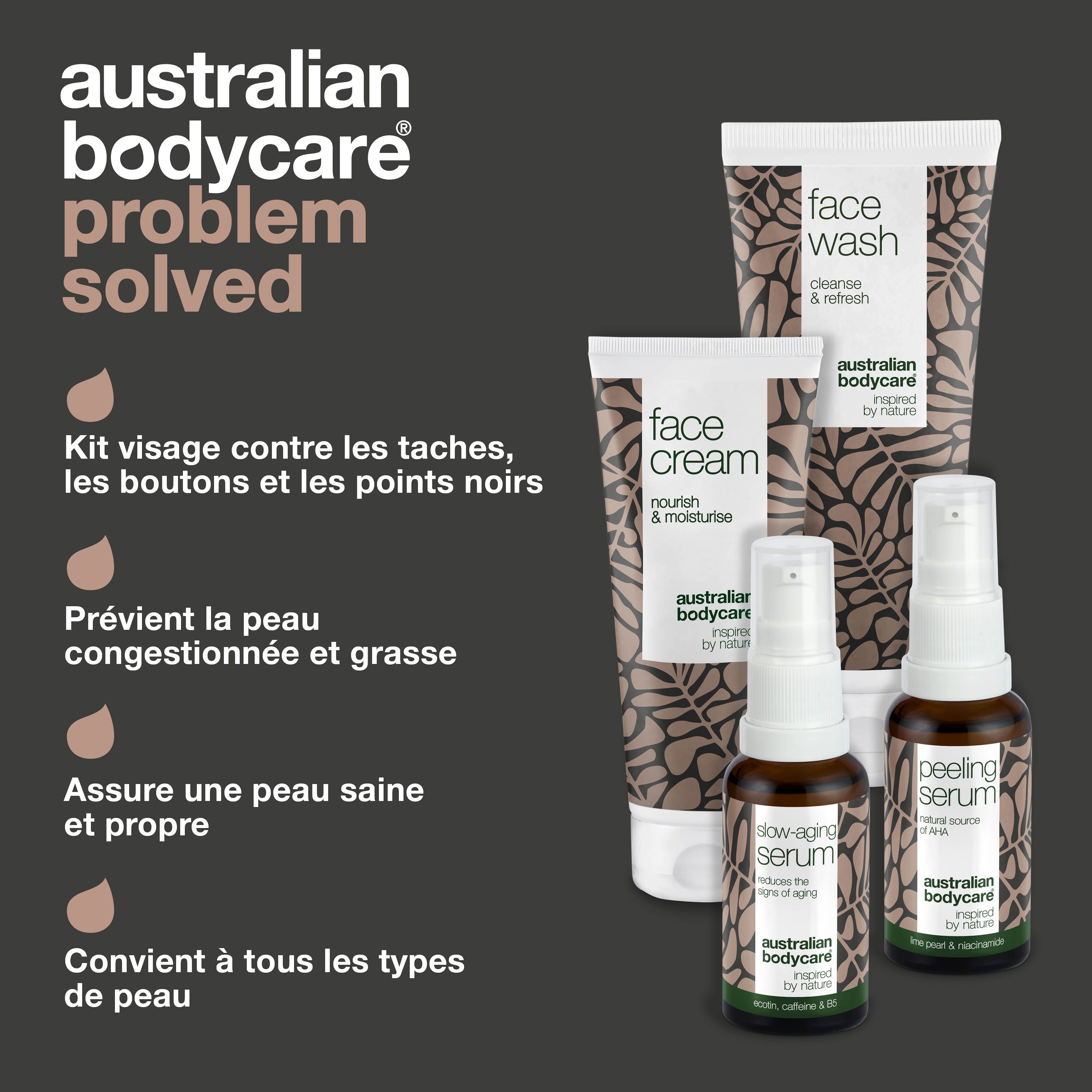 Produits Australian Bodycare. Problème résolu : imperfections, boutons, points noirs. Pour une peau saine.