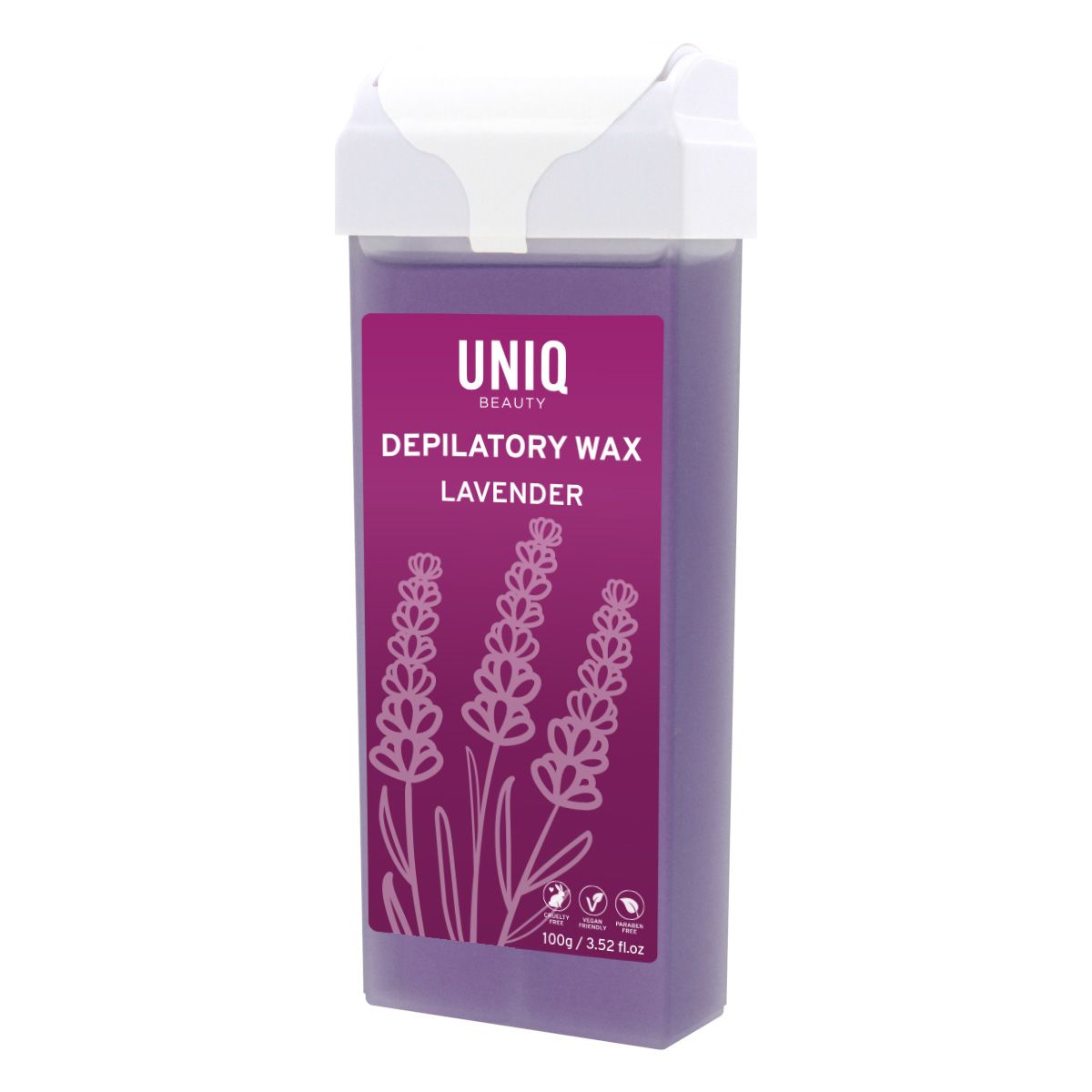 Cire dépilatoire violette en cartouche avec motif lavande, étiquetée 'UNIQ BEAUTY DEPILATORY WAX LAVENDER'. 100g.