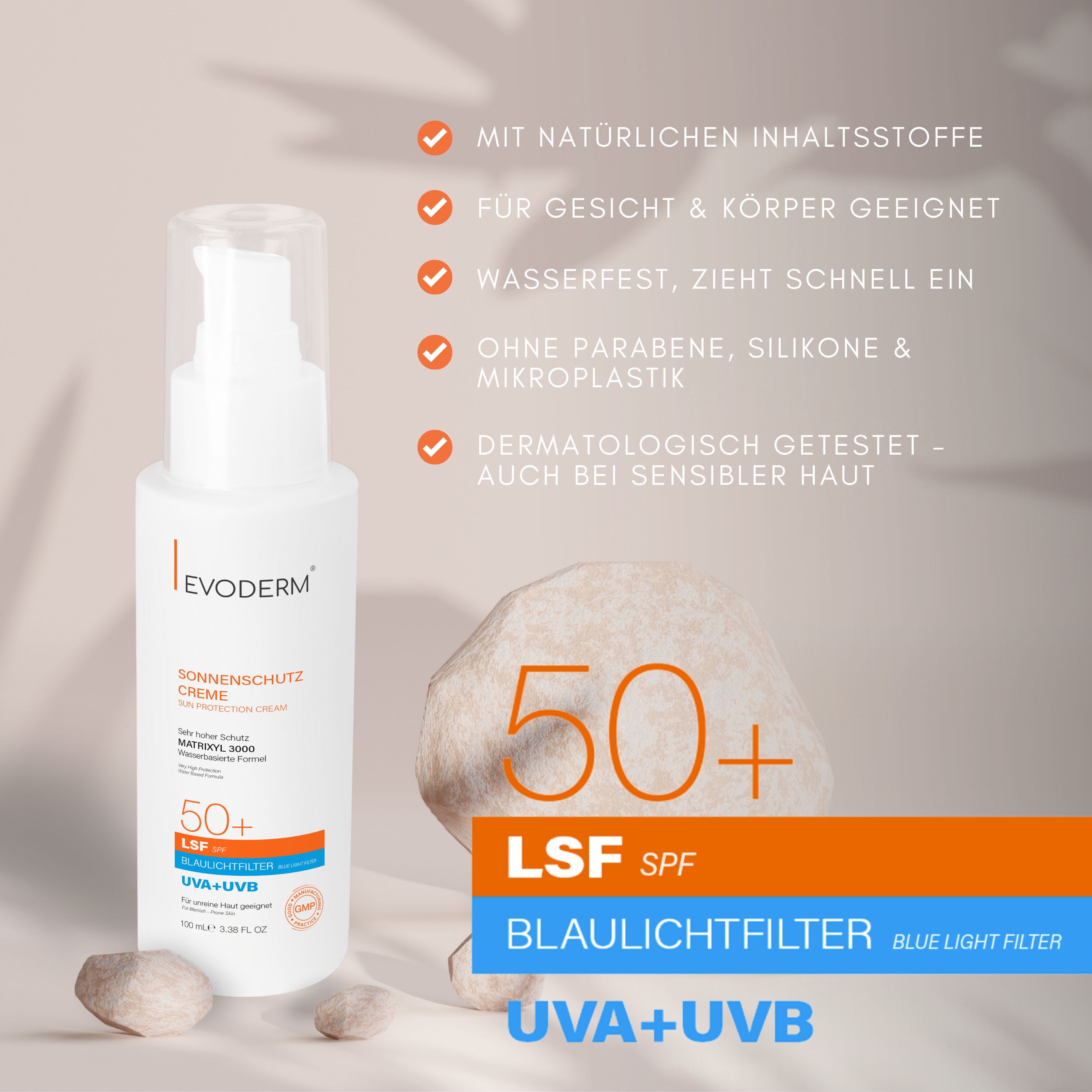 Zonnecrèmefles, SPF 50+, UVA+UVB, blauwlichtfilter. Geschikt voor gezicht en lichaam.