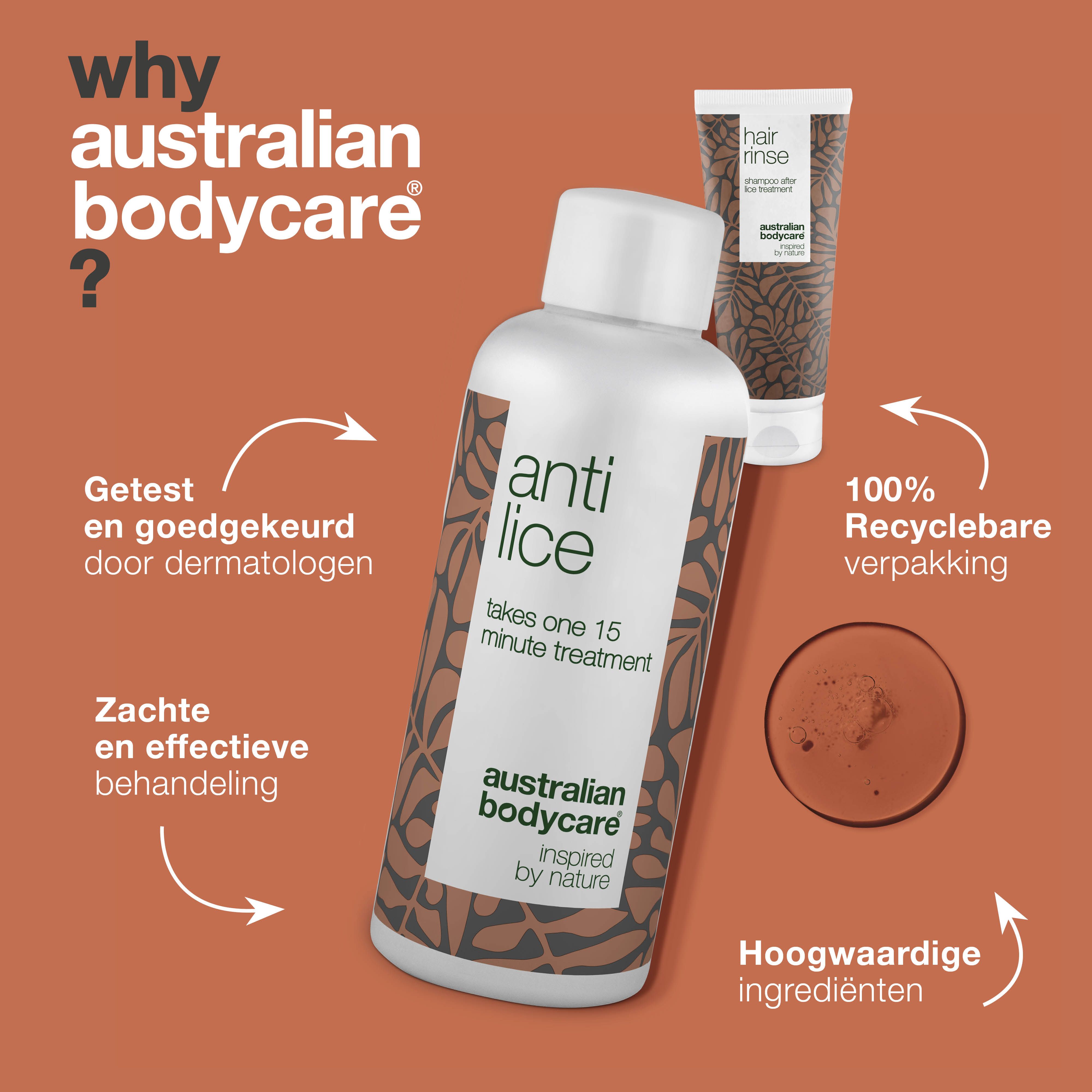 Diagram: Waarom Australian Bodycare? Producten "Anti Lice" en "Hair Rinse".