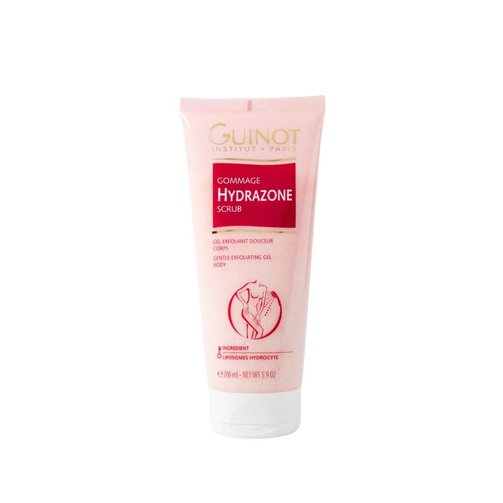 Guinot Hydrazone Scrub Gommage Corporel tube met witte dop. Roze tube met tekst en lichaamsafbeelding.
