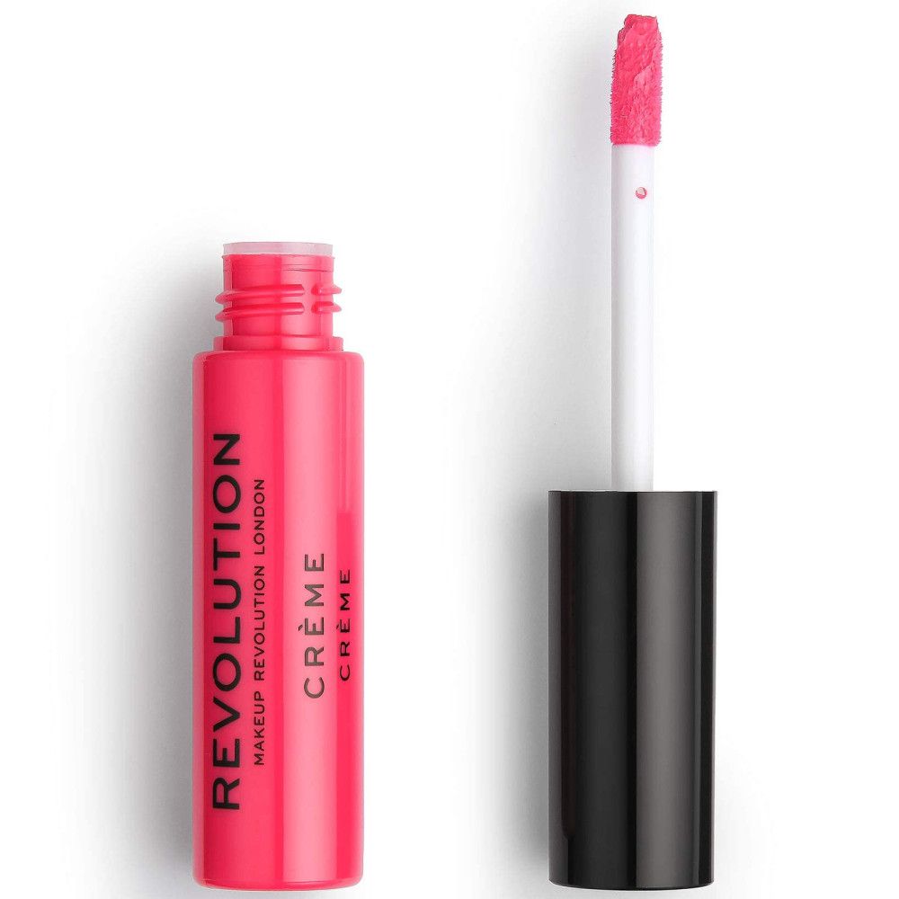 Rouge à lèvres crème rose Makeup Revolution. Flacon et applicateur visibles. Inscription: REVOLUTION, CRÈME.
