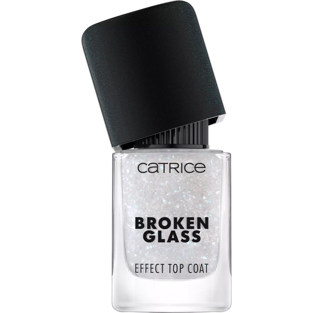 Top coat Catrice effet verre brisé. Flacon transparent, contenu blanc. Bouchon noir. Nom du produit et marque visibles.
