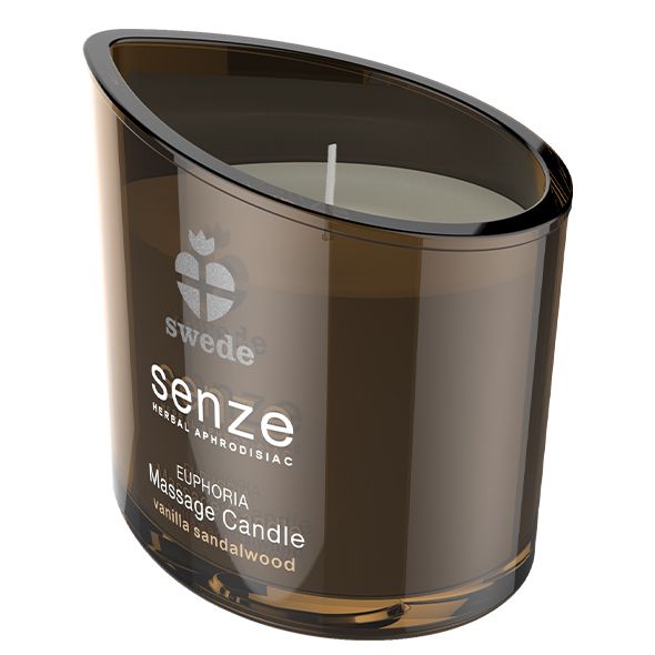 Swede Senze Massage Kaars Euphoria, bruin glas, zwart deksel, lont zichtbaar.