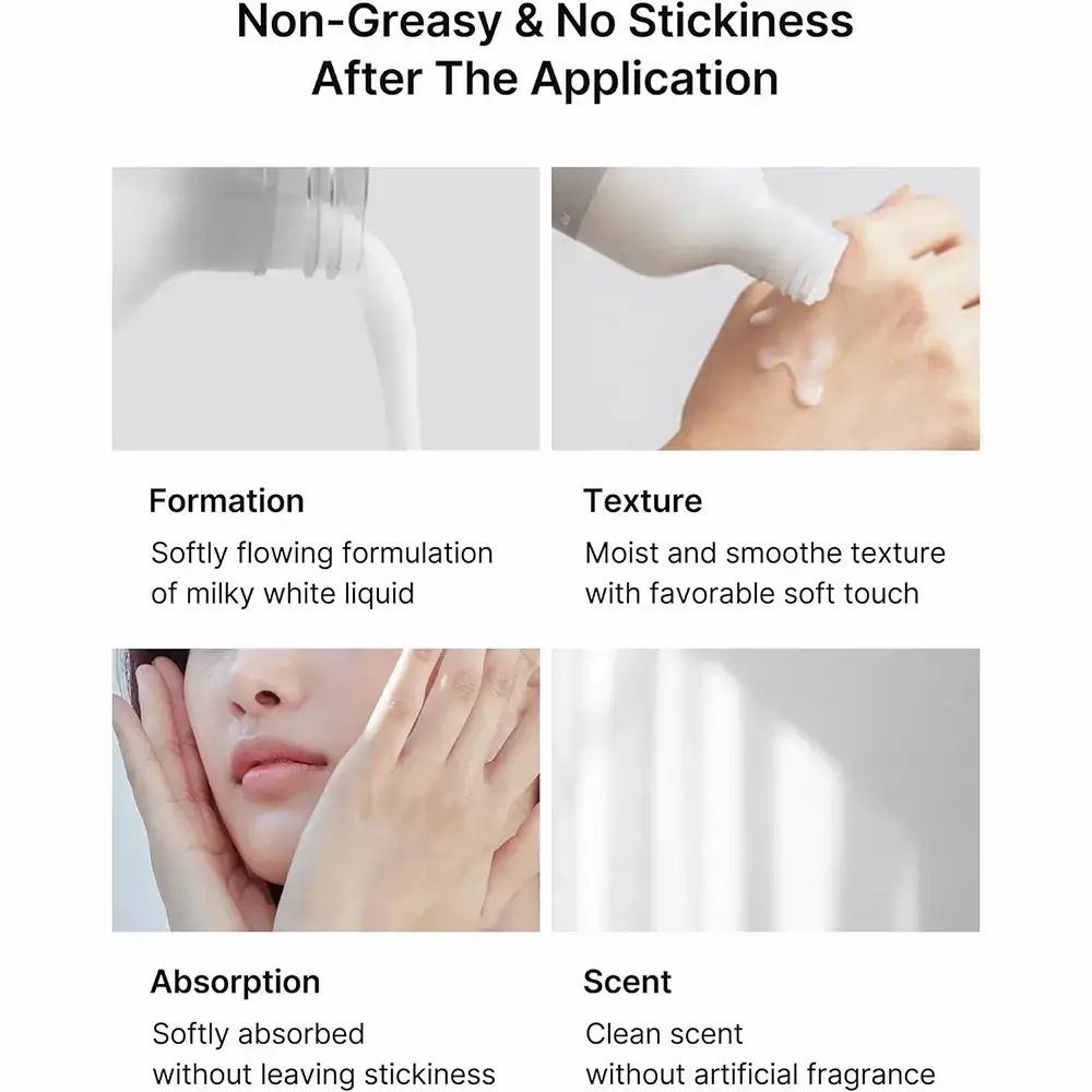 Quatre images montrent les caractéristiques du produit: Formation, Texture, Absorption, Parfum.