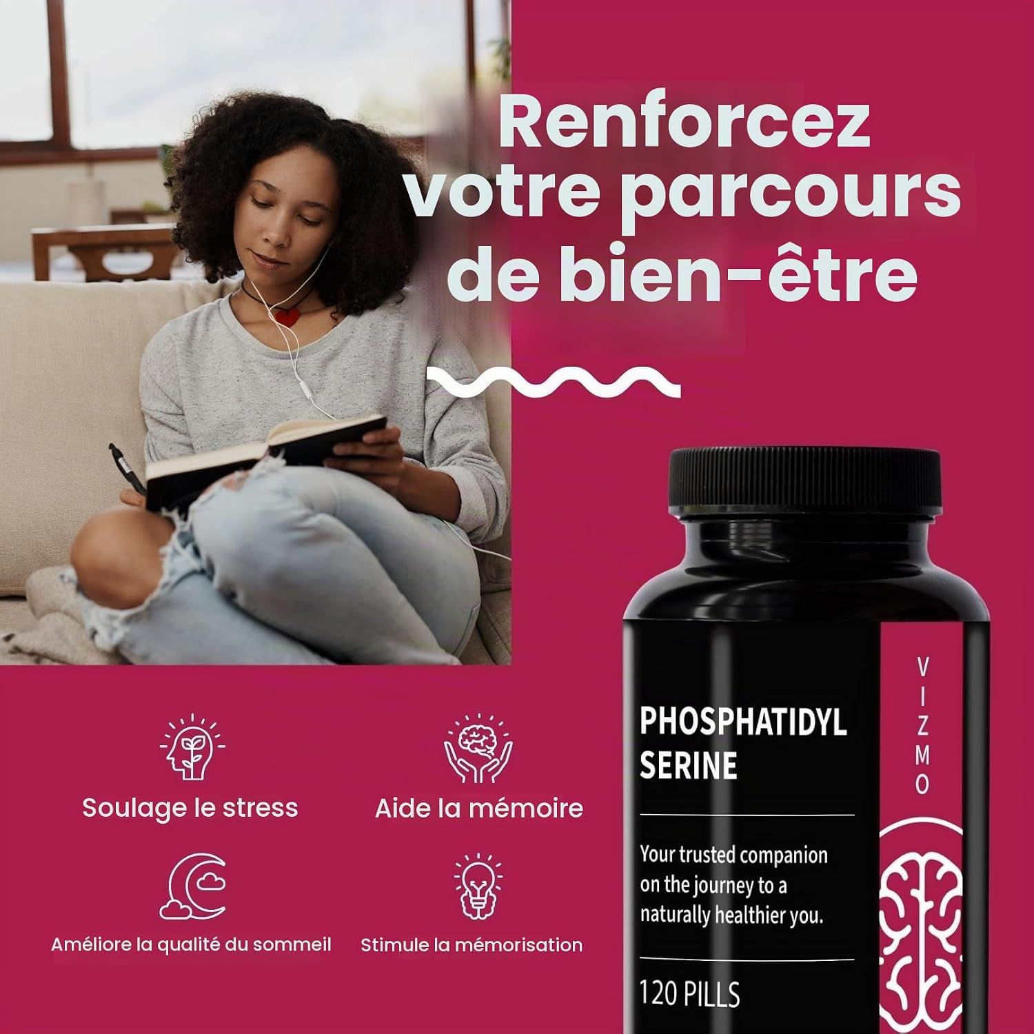 Bouteille noire de capsules de phosphatidylsérine, 120 unités. Marque Vizmo.