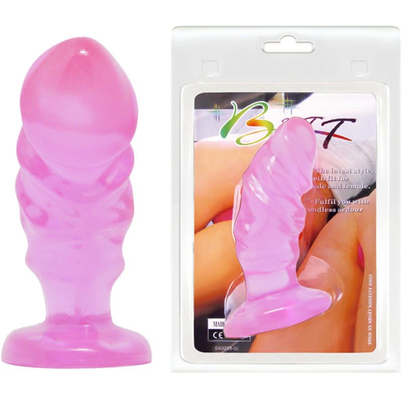 Plug anal rose à côté d'un emballage blister. Nom 'Baile' visible. Texte: 'The latest style, fit for male and female'.