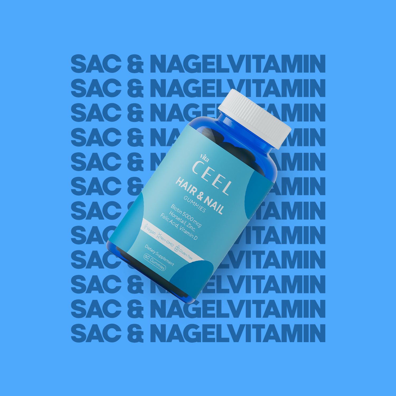 Bouteille bleue de gommes CEEL Cheveux & Ongles. Contient de la biotine, du zinc et de la vitamine D.