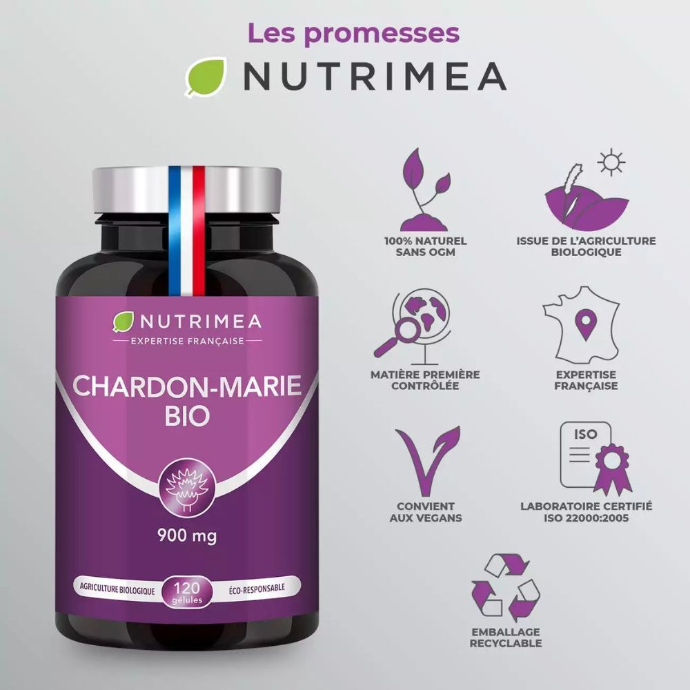 Flacon Chardon-Marie BIO. Avantages : naturel, végétalien, recyclable. Certification ISO. Logo : Nutrimea.