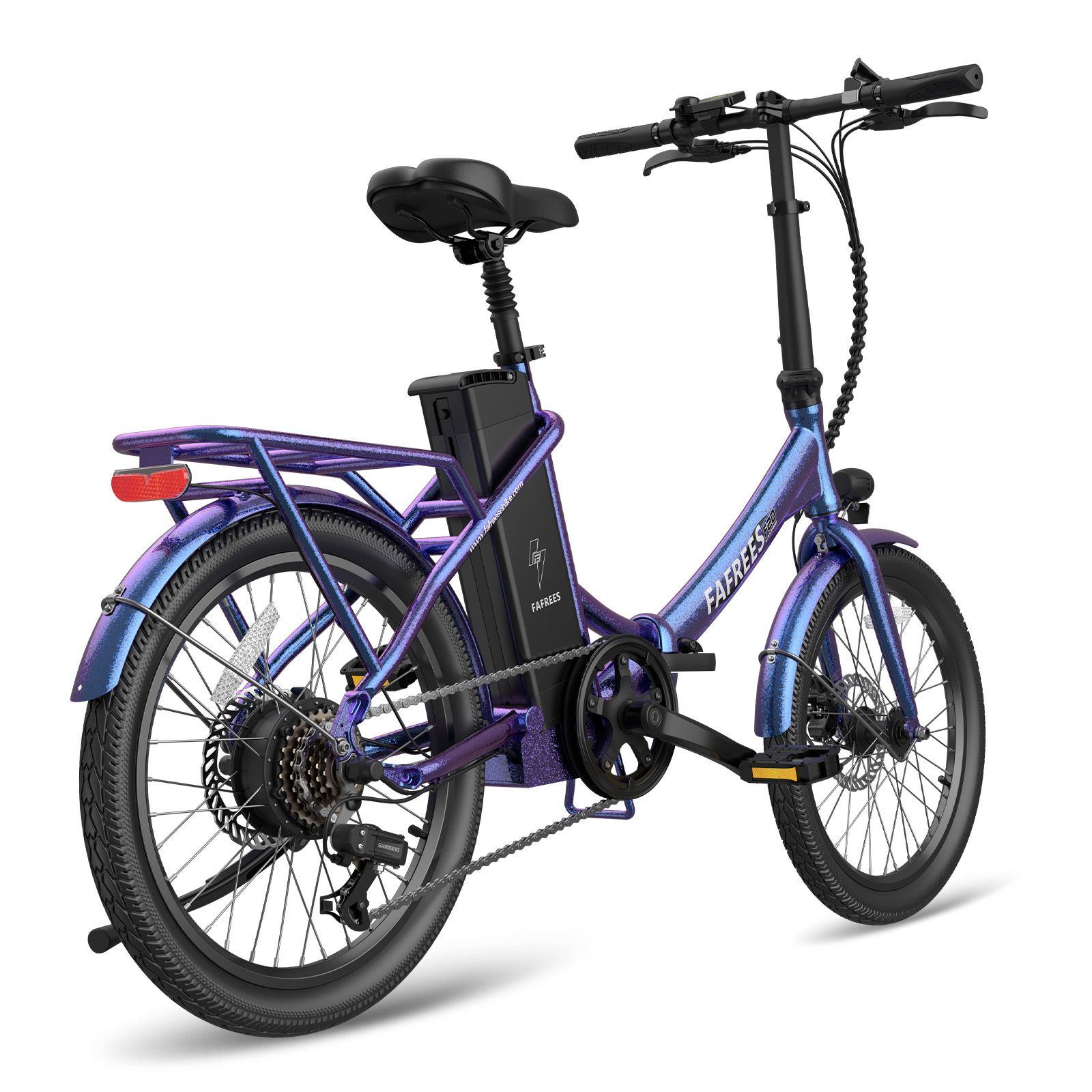 Vélo électrique bleu-violet avec selle noire et porte-bagages. Marque FAFREES.