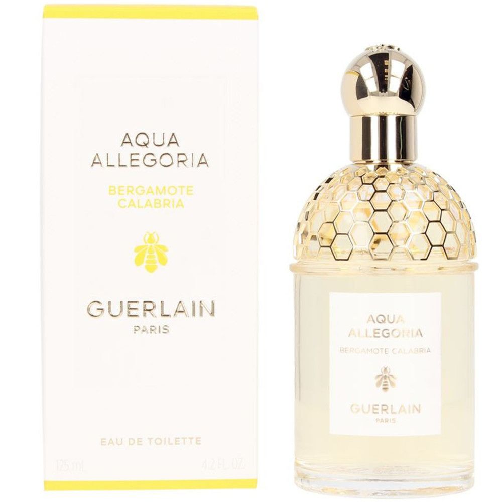Fles en verpakking van Eau de Toilette. Opschrift: Aqua Allegoria Bergamote Calabria, Guerlain Paris. Gele vloeistof.