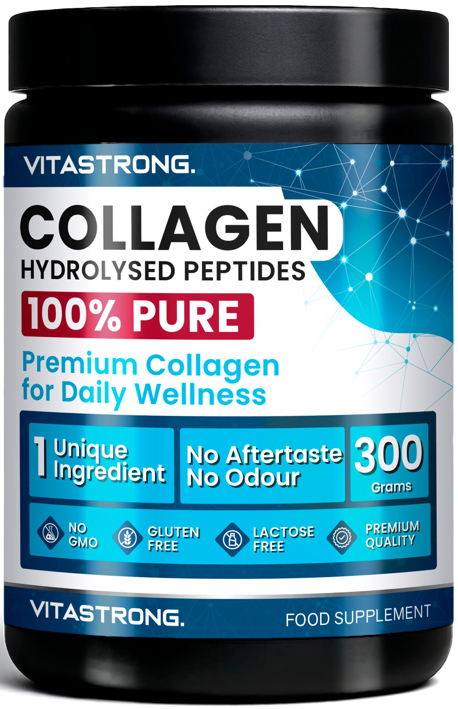 Boîte de poudre de collagène Vitastrong, 300g. Collagène premium pour le bien-être quotidien.
