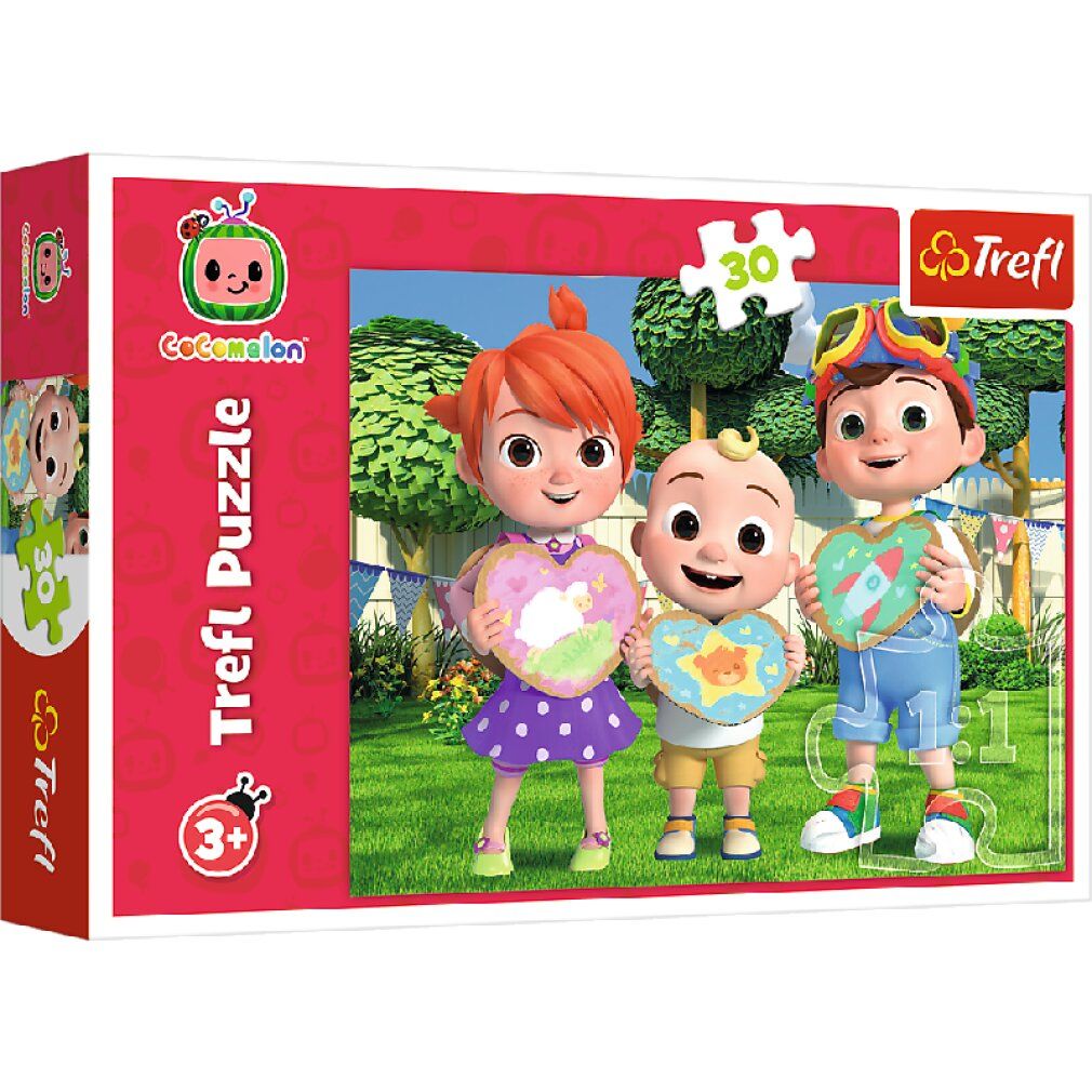 Trefl Puzzel Cocomelon: Giochiamo, 30 stukjes. Rode verpakking met Cocomelon-personages. Trefl-logo en leeftijdsadvies 3+.