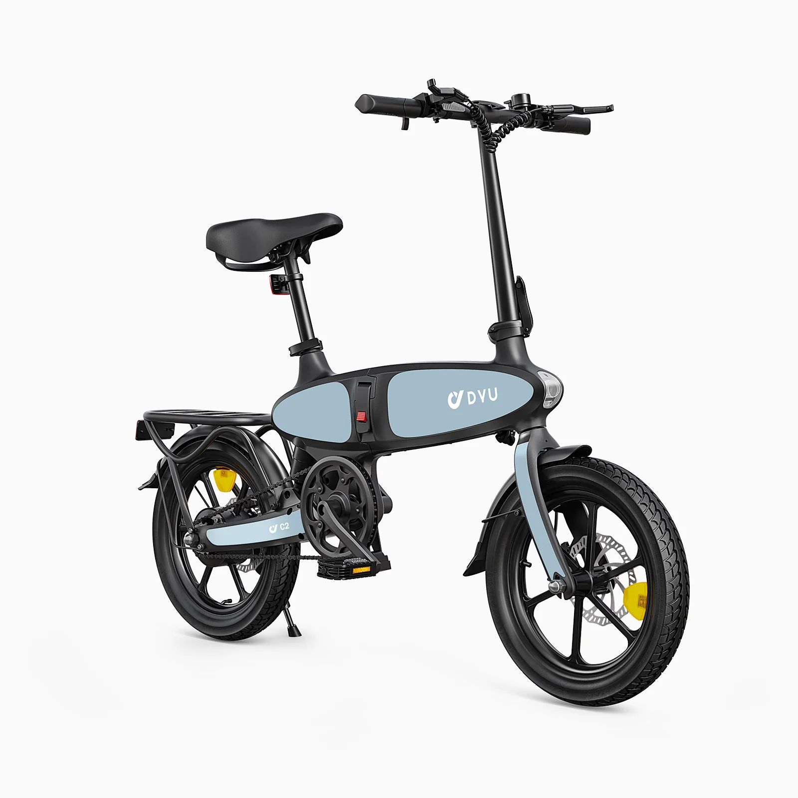 Vélo électrique pliable, bleu clair et noir, avec logo DYU. Il possède un porte-bagages, des garde-boue et des accents jaunes sur les roues.