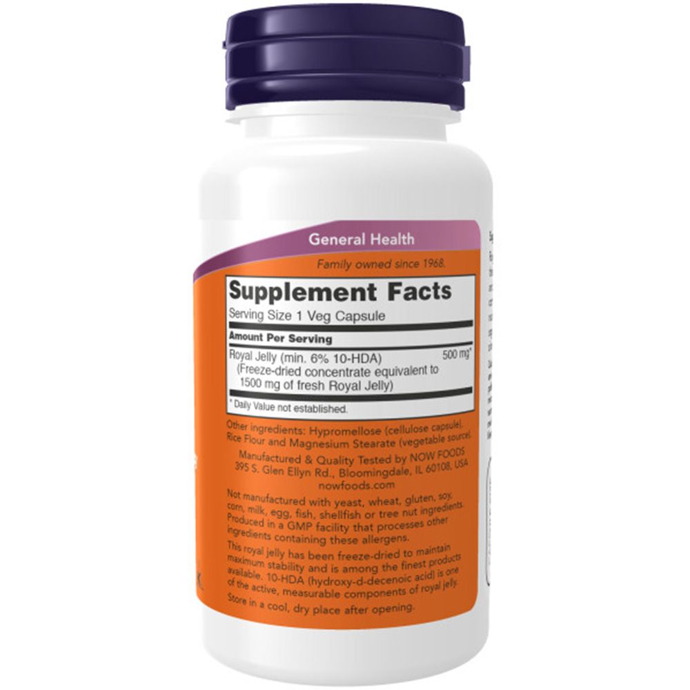 Flacon blanc, bouchon violet. Étiquette avec informations produit: Royal Jelly, 500 mg, ingrédients, informations nutritionnelles. Marque: Now Foods.