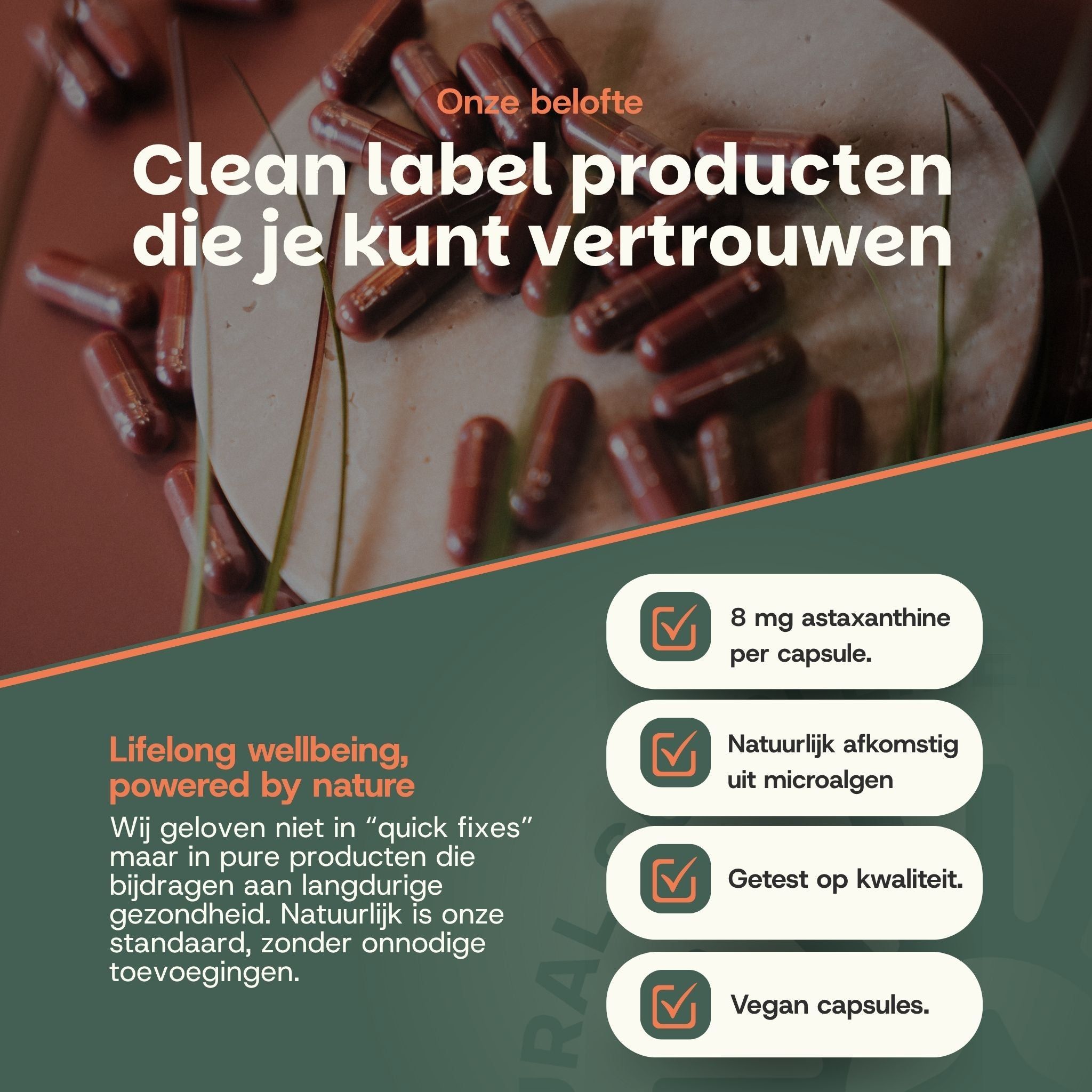 Bruine astaxanthine capsules, 8 mg per capsule, natuurlijk gewonnen, vegan.