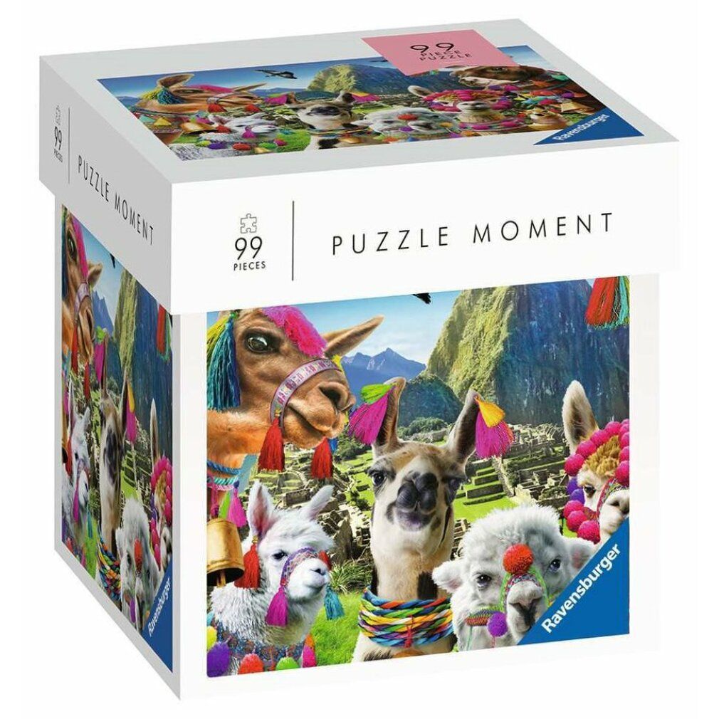 Boîte de puzzle de 99 pièces. Motif : lamas devant un paysage de montagne. Inscription : Puzzle Moment, Ravensburger. Emballage avec vues du puzzle.