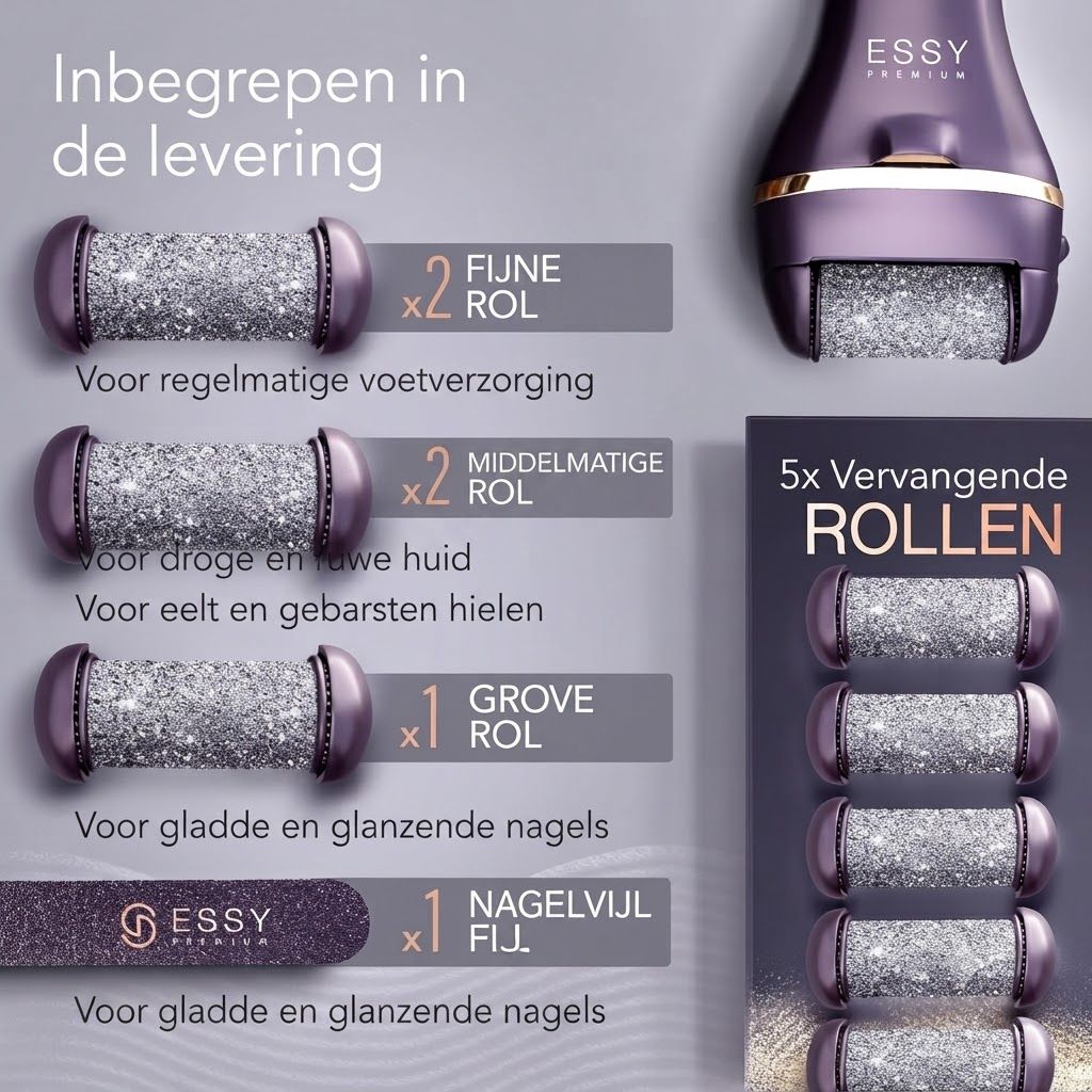 Paarse elektrische eeltverwijderaar met diverse opzetstukken: 2 fijne, 2 middelgrote, 1 grove rol en 1 nagelvijl.