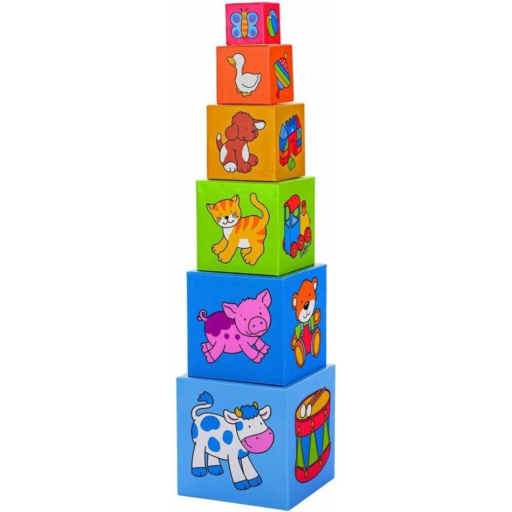 Goki Cheerful Block Tower. Six cubes colorés empilés. Chaque face présente une illustration d'animal différente.