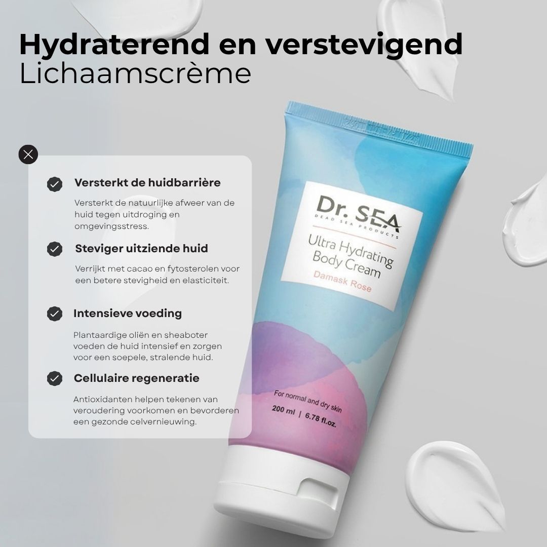 Crèmetube met tekst en diagram. Opschrift: Ultra Hydrating Body Cream, Damask Rose. Merk: Dr. SEA.