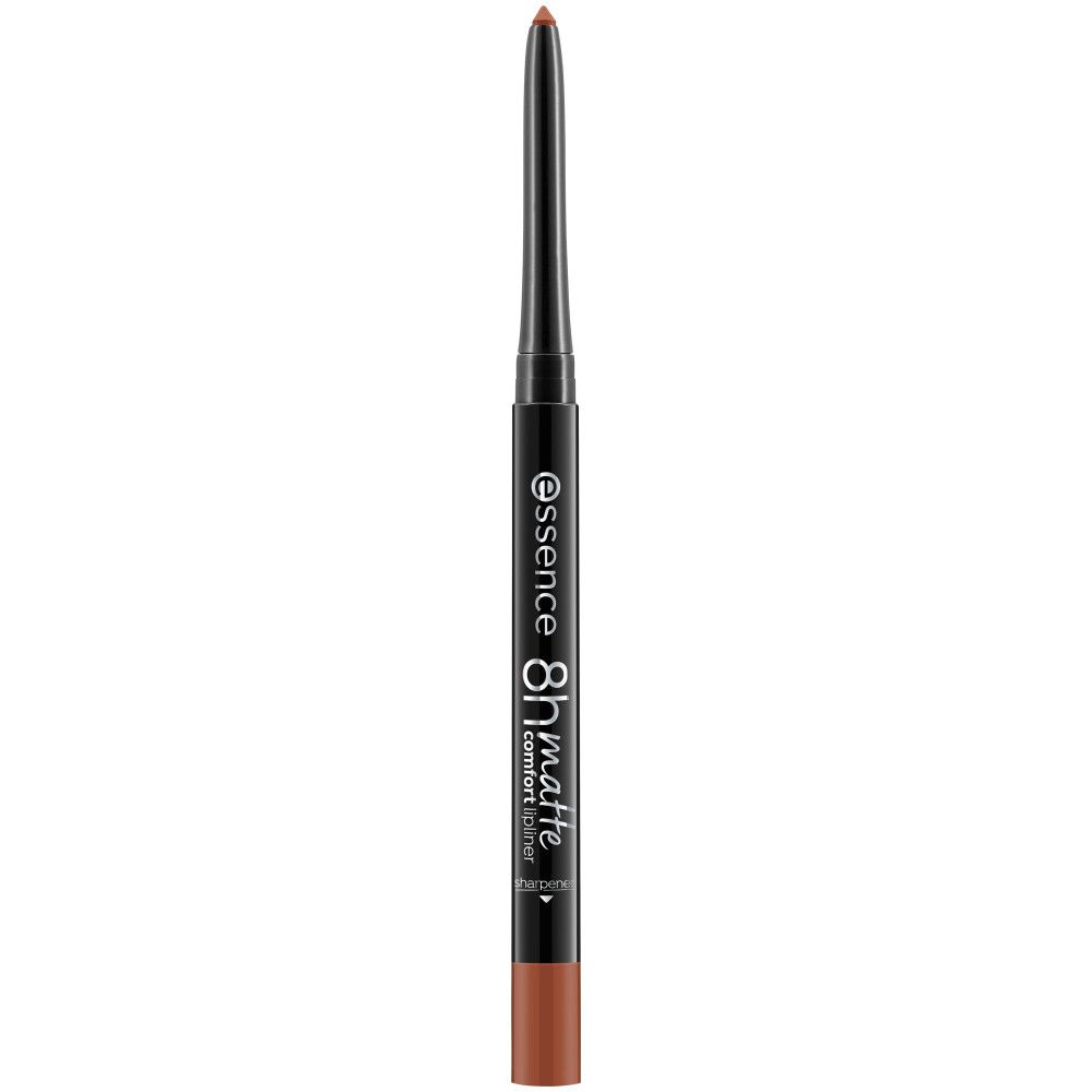 Bruine lippenstiftstift. Zwarte stift met witte tekst: essence 8h matte comfort. Productweergave.