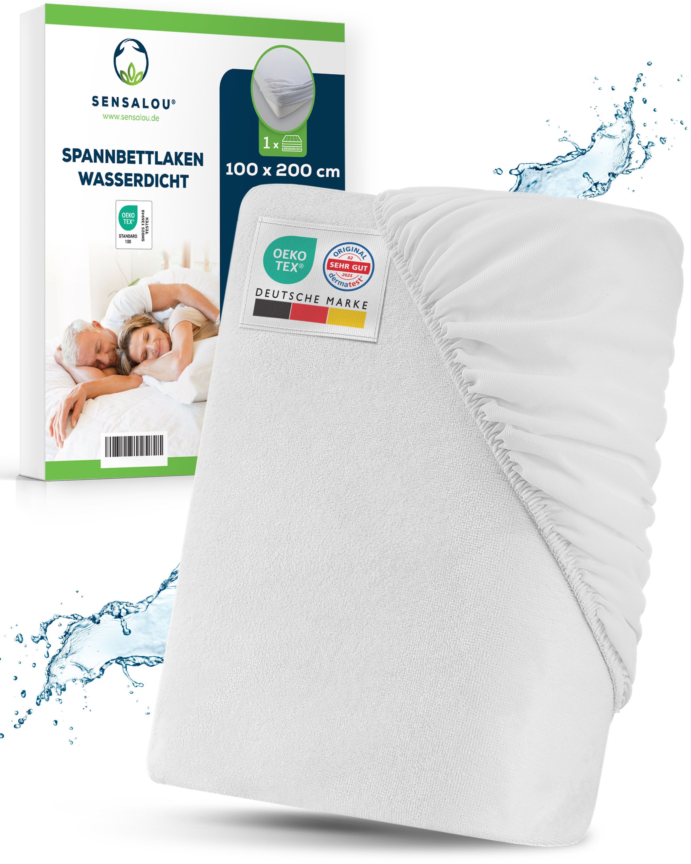 Wit, waterdicht hoeslaken. Verpakking met productnaam, maat 100x200 cm. Oeko-Tex-certificering.