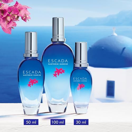 Drie flessen ESCADA SANTORINI SUNRISE. Maten: 50 ml, 100 ml, 30 ml. Opschrift.